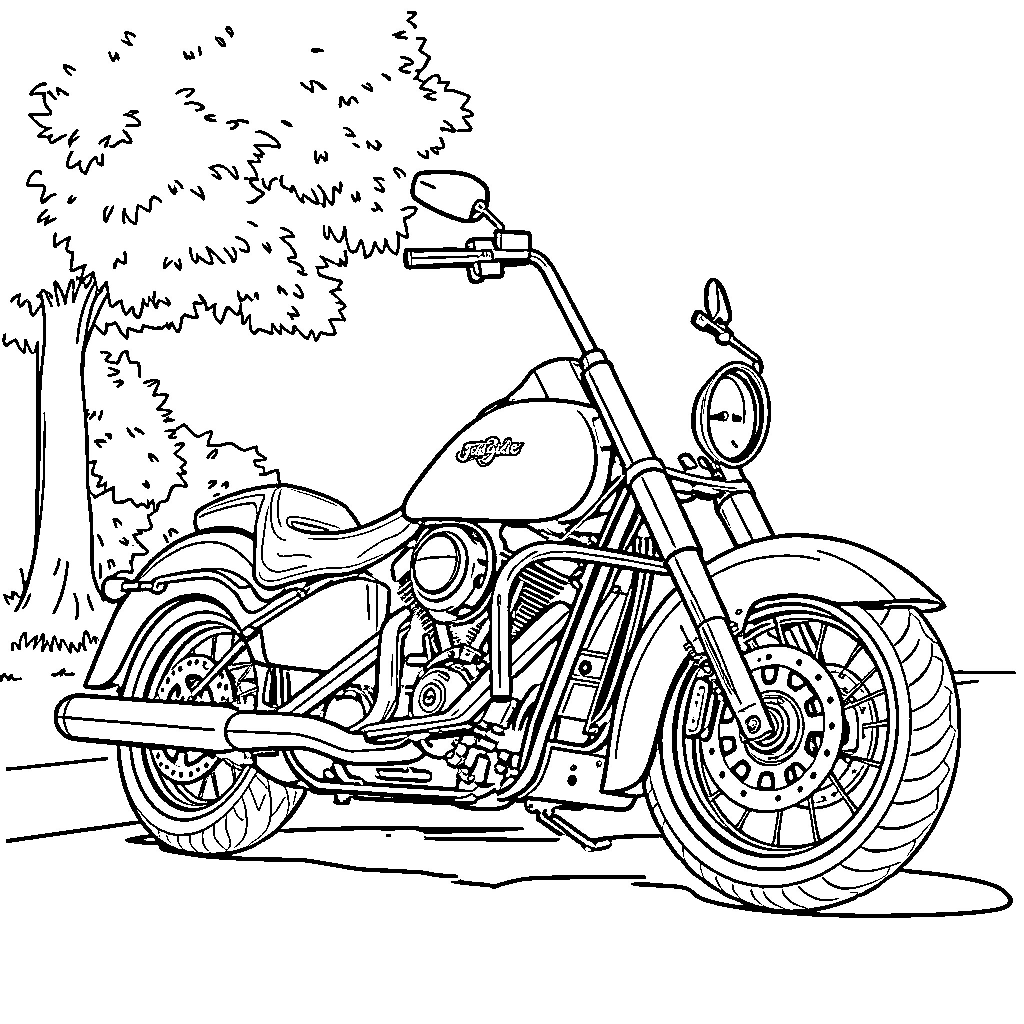 Motorcycle on scenic forest road Coloring Page (free black-and-white line drawing printable PDF for all, from beginners to advanced learners, including children, teens, adults, and seniors)