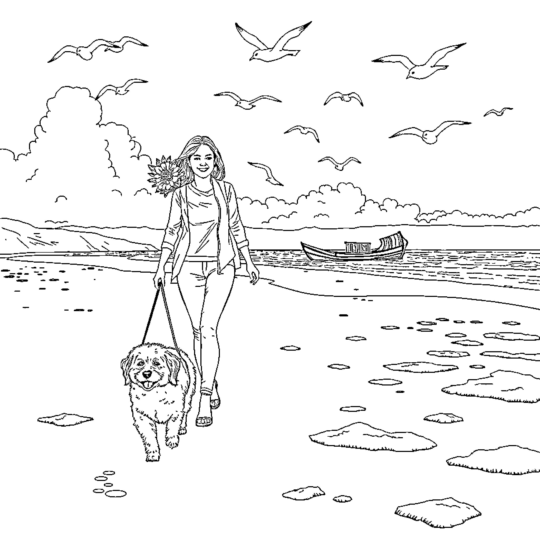 Woman walking her dog on the beach Coloring Page (free black-and-white line drawing printable PDF for all, from beginners to advanced learners, including children, teens, adults, and seniors)