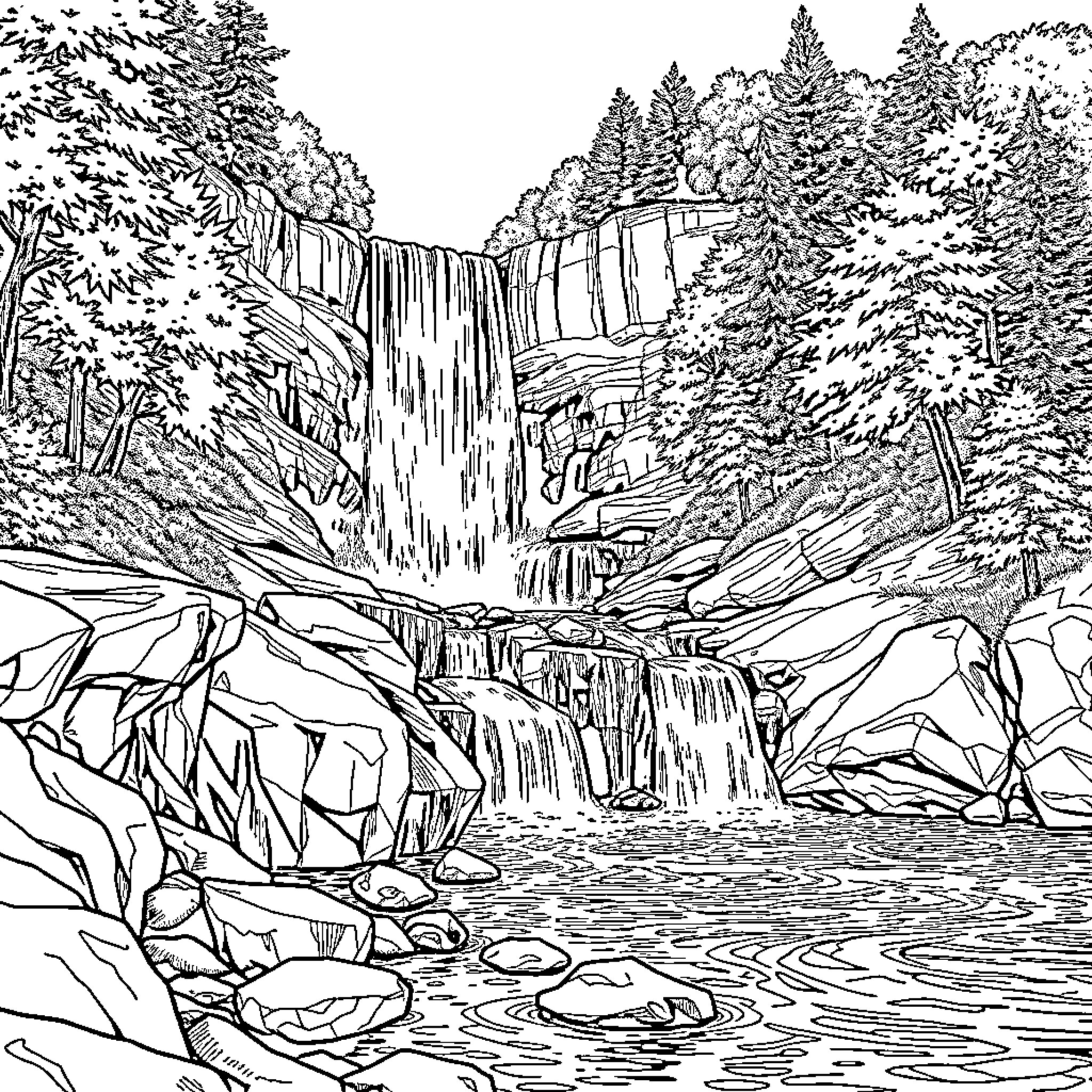 Waterfall cascading through the forest landscape Coloring Page (free black-and-white line drawing printable PDF for all, from beginners to advanced learners, including children, teens, adults, and seniors)