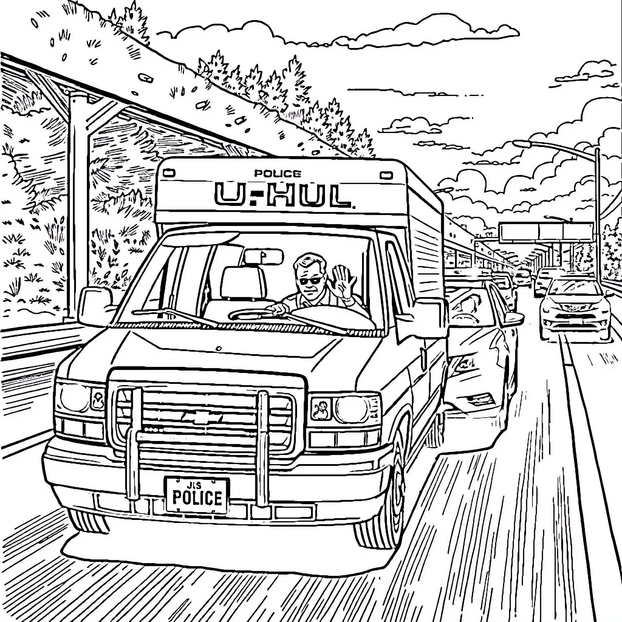 Police Car speeding through a wooded area with sirens Coloring Page (free black-and-white line drawing printable PDF for all, from beginners to advanced learners, including children, teens, adults, and seniors)