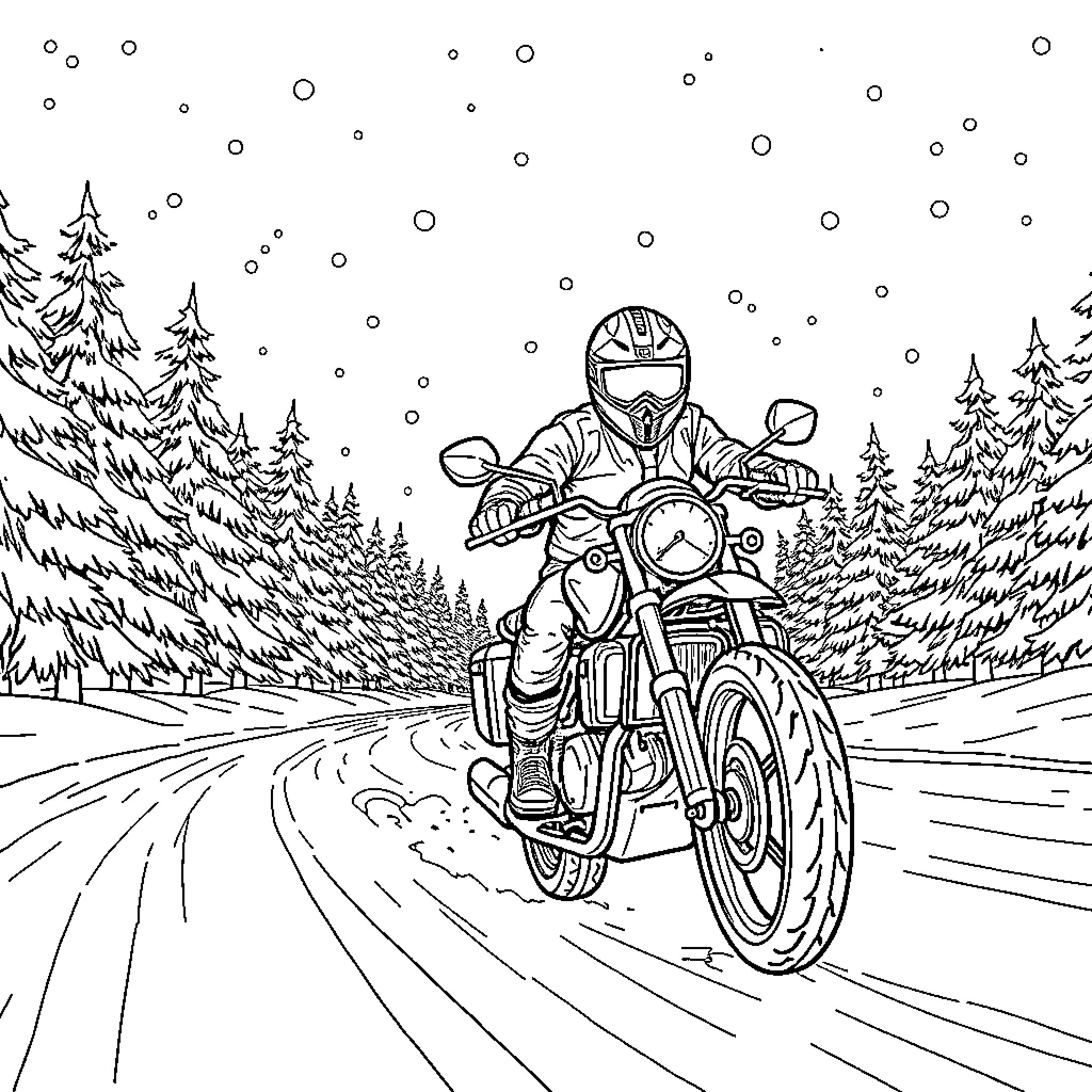 Motorcycle riding through snowy forest landscape Coloring Page (free black-and-white line drawing printable PDF for all, from beginners to advanced learners, including children, teens, adults, and seniors)