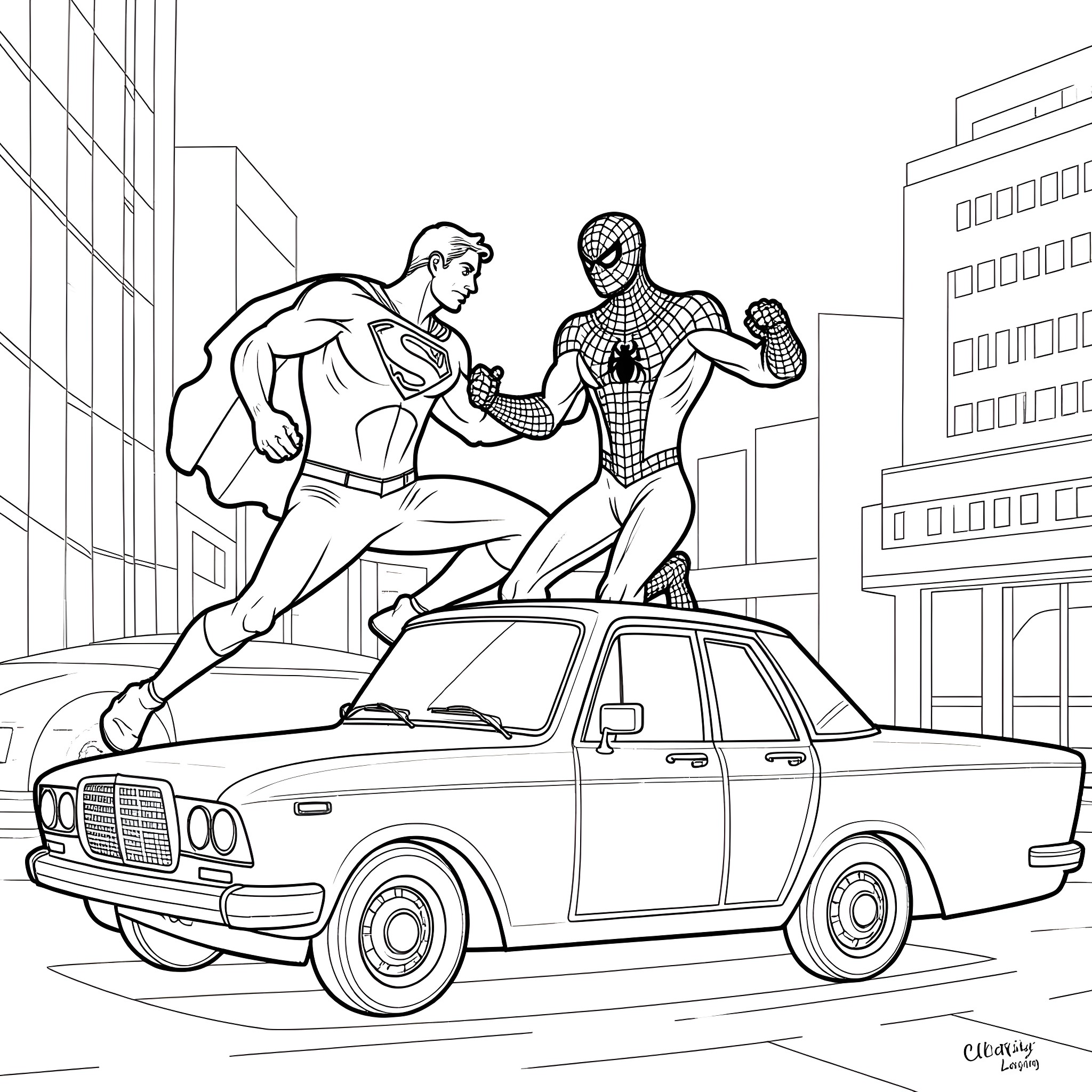Superheroes in action on city street Coloring Page (free black-and-white line drawing printable PDF for all, from beginners to advanced learners, including children, teens, adults, and seniors)