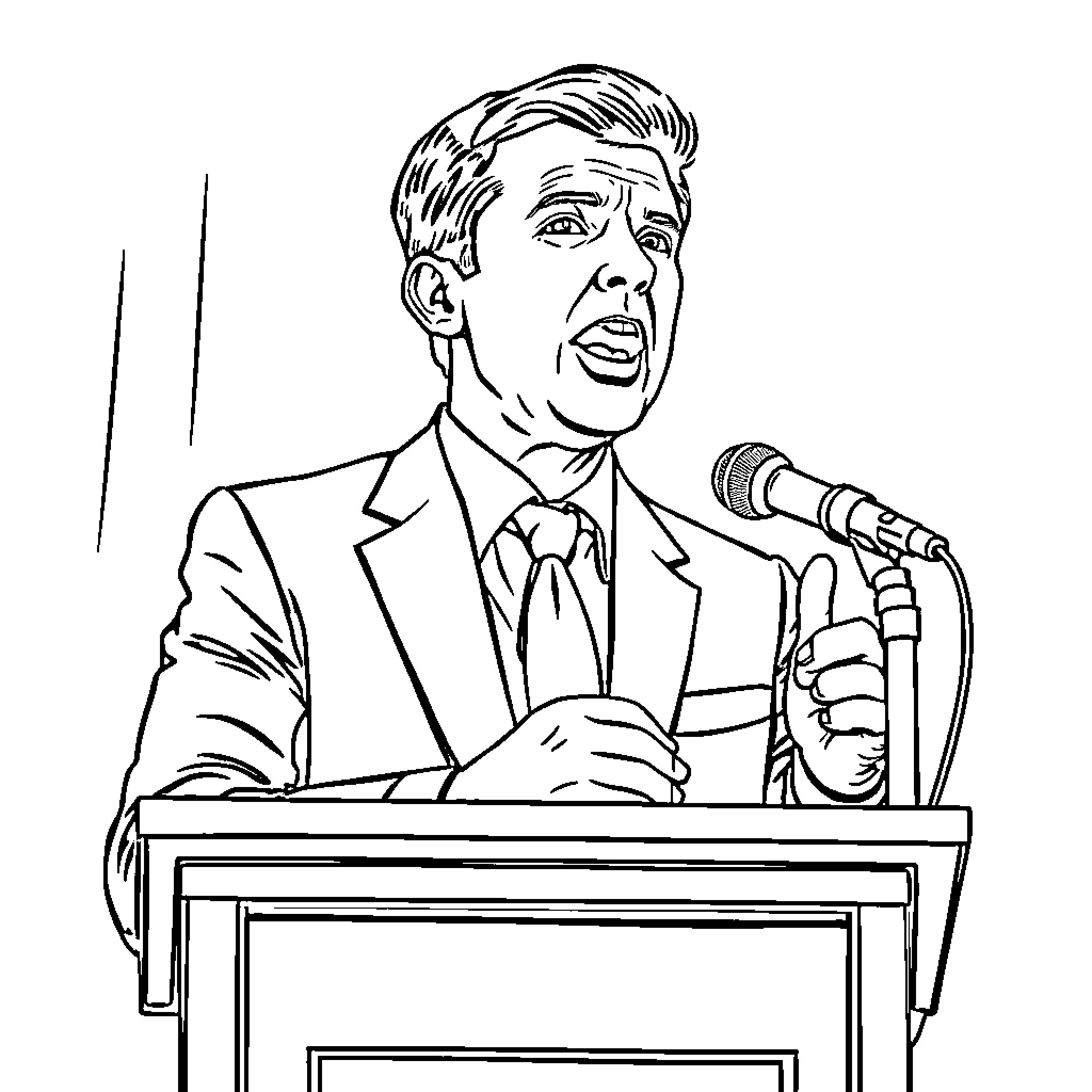 Charlie Kirk speaking at podium Coloring Page (free black-and-white line drawing printable PDF for all, from beginners to advanced learners, including children, teens, adults, and seniors)