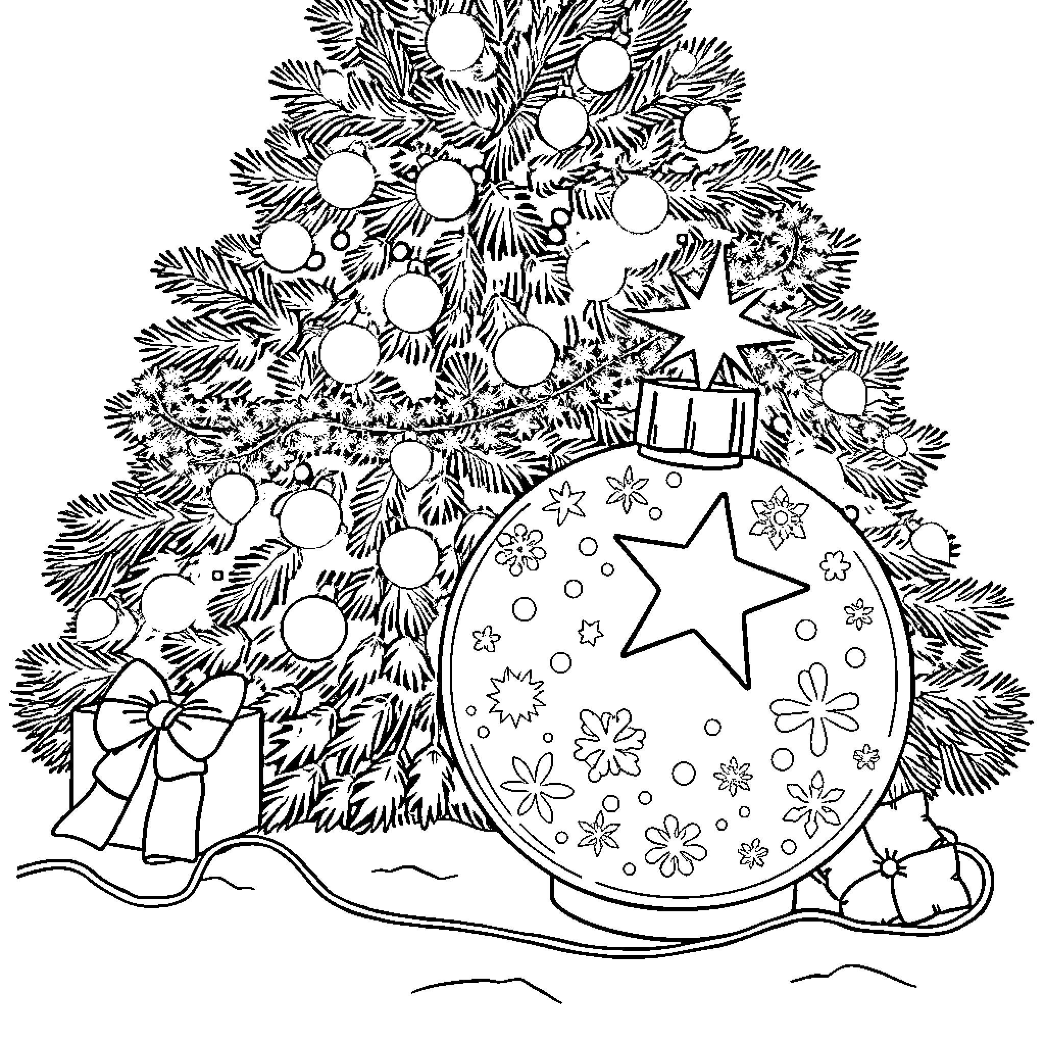 Boule de Noël with decorative ornaments and gifts Coloring Page (free black-and-white line drawing printable PDF for all, from beginners to advanced learners, including children, teens, adults, and seniors)
