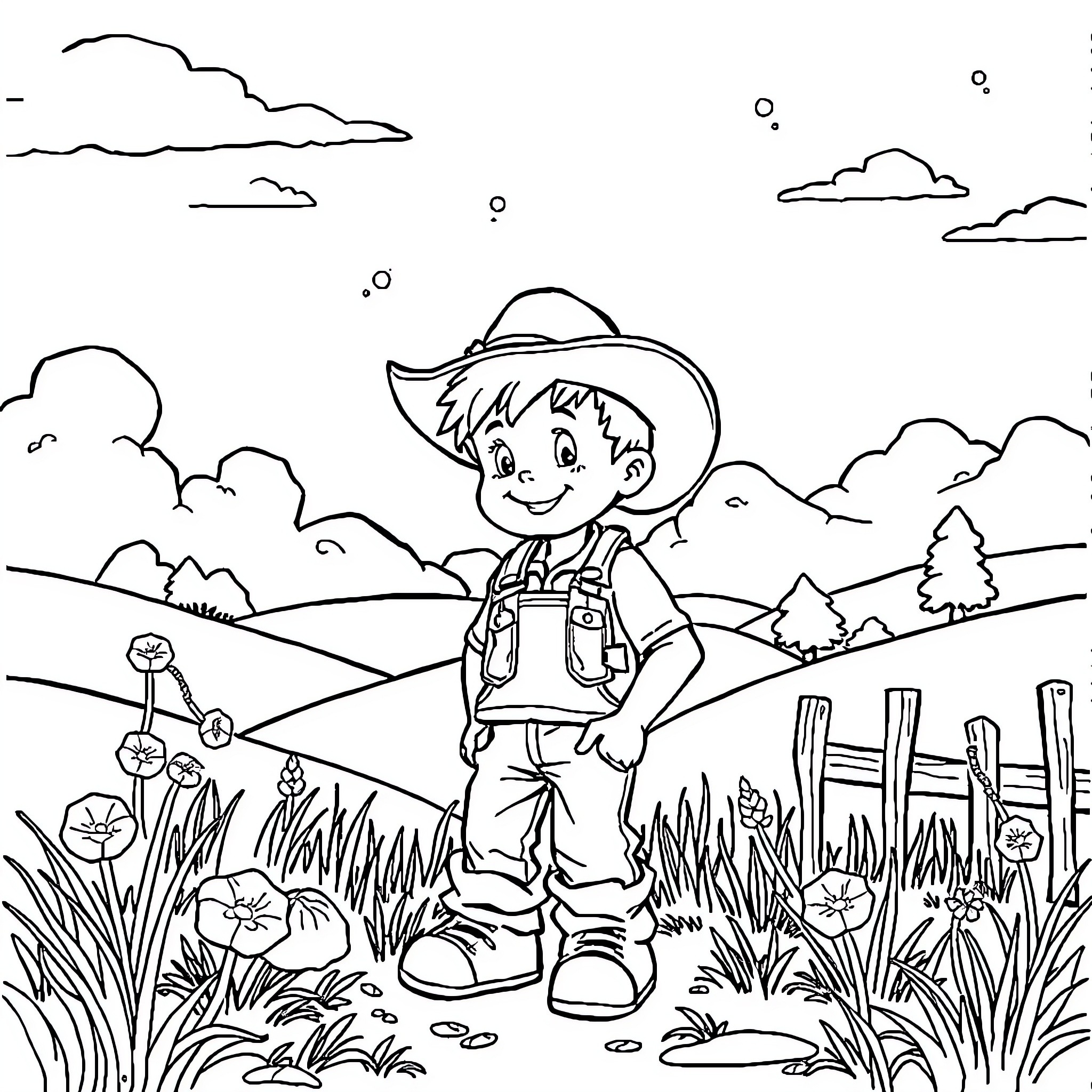 Boy exploring the outdoors in nature Coloring Page (free black-and-white line drawing printable PDF for all, from beginners to advanced learners, including children, teens, adults, and seniors)