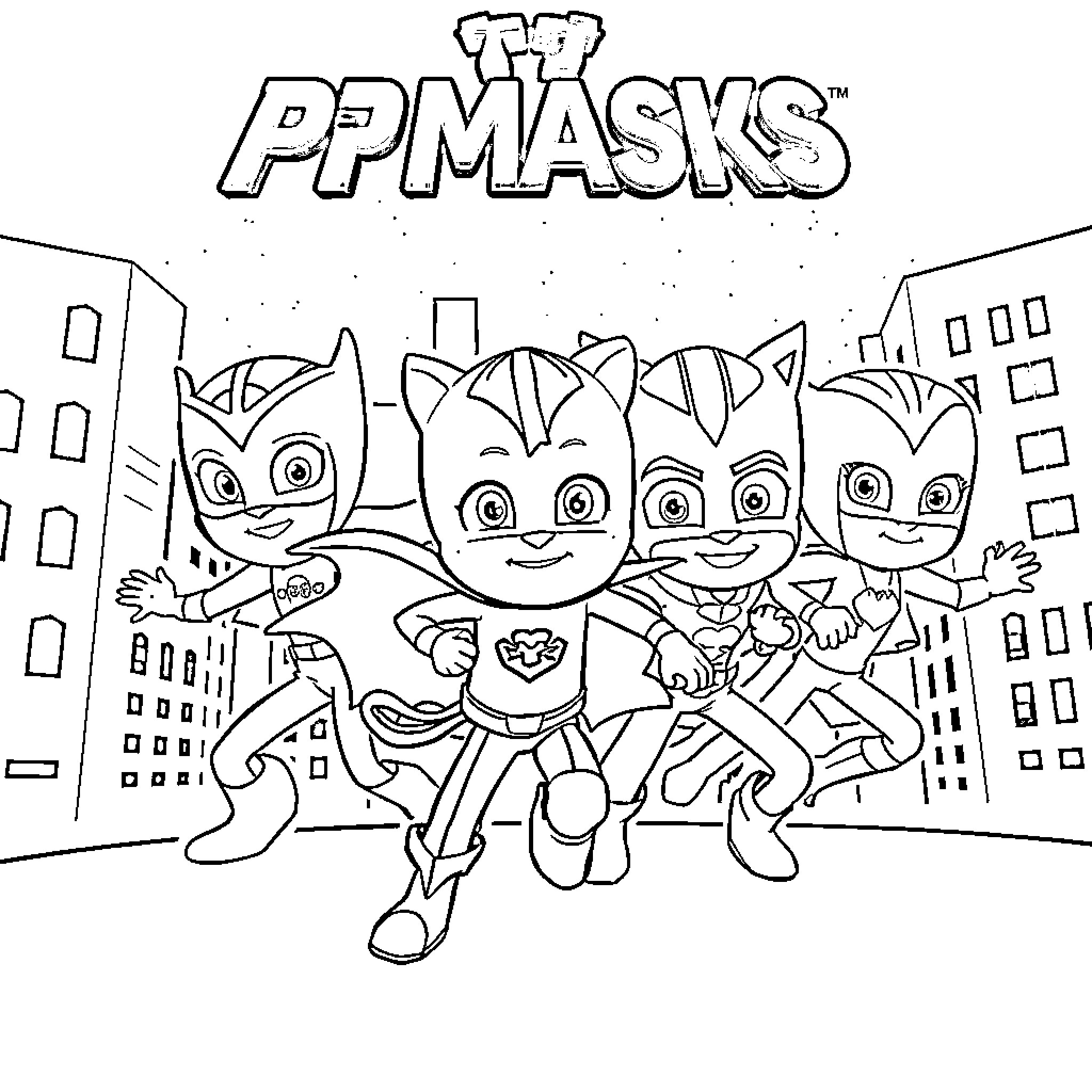 Pj Masks superheroes in action Coloring Page (free black-and-white line drawing printable PDF for all, from beginners to advanced learners, including children, teens, adults, and seniors)