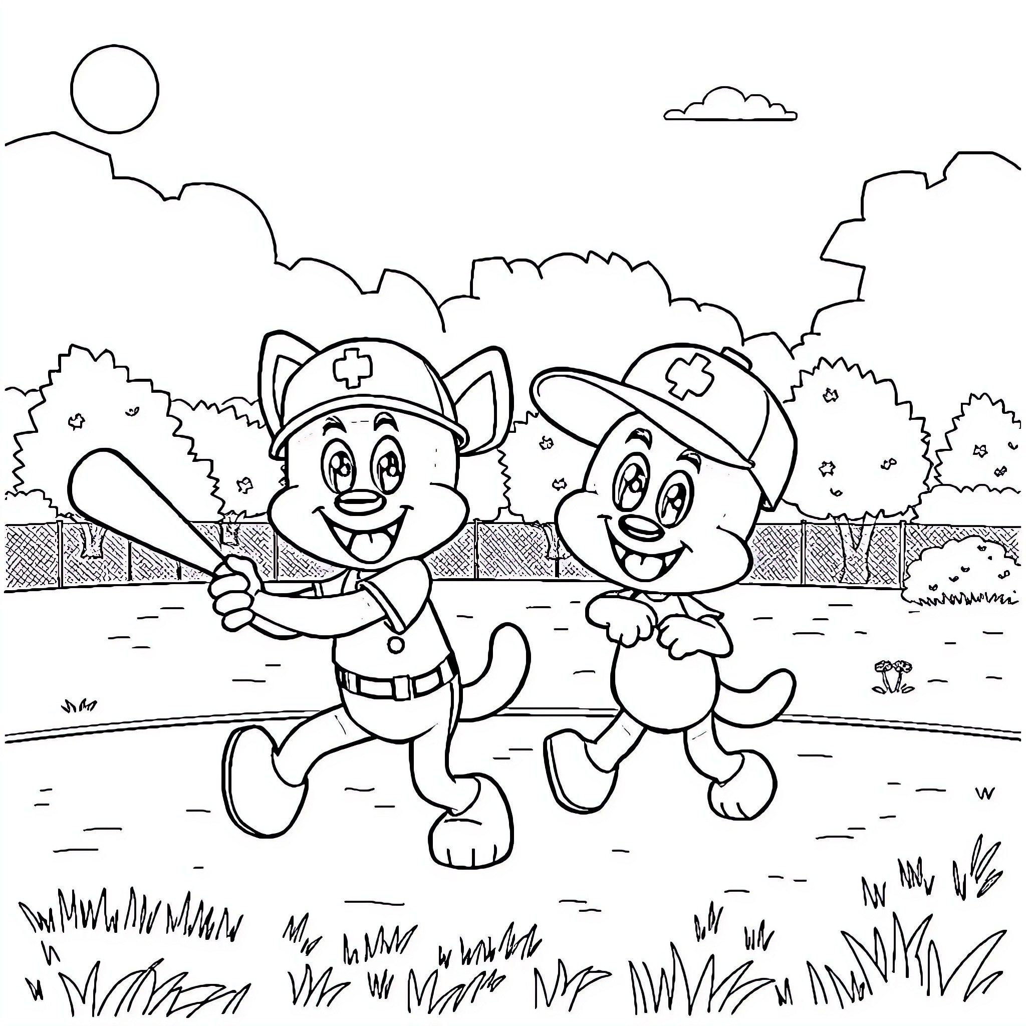 Bluey and Bingo playing together outside Coloring Page (free black-and-white line drawing printable PDF for all, from beginners to advanced learners, including children, teens, adults, and seniors)
