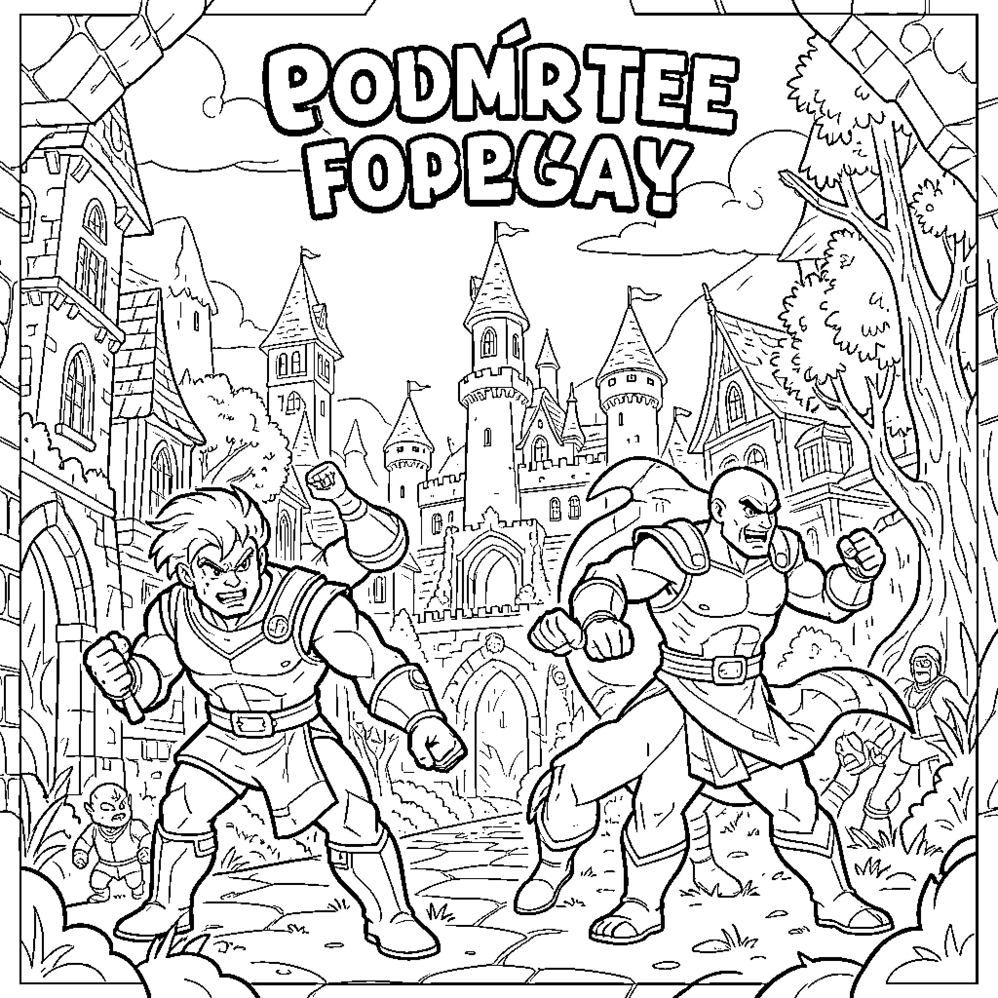 Dragon Ball GT characters posing in front of a castle Coloring Page (free black-and-white line drawing printable PDF for all, from beginners to advanced learners, including children, teens, adults, and seniors)