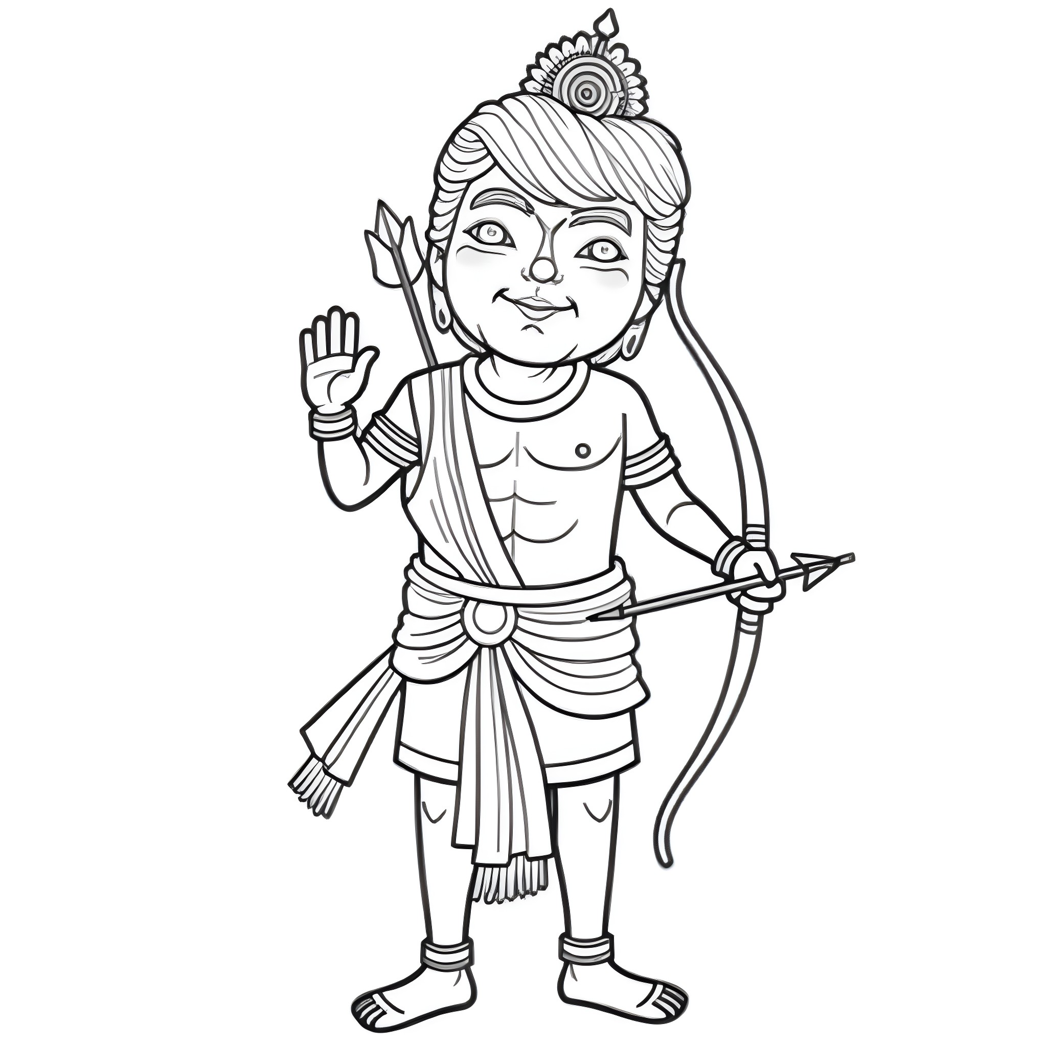 Donald Trump as Hindu deity Krishna with bow and arrow Coloring Page (free black-and-white line drawing printable PDF for all, from beginners to advanced learners, including children, teens, adults, and seniors)