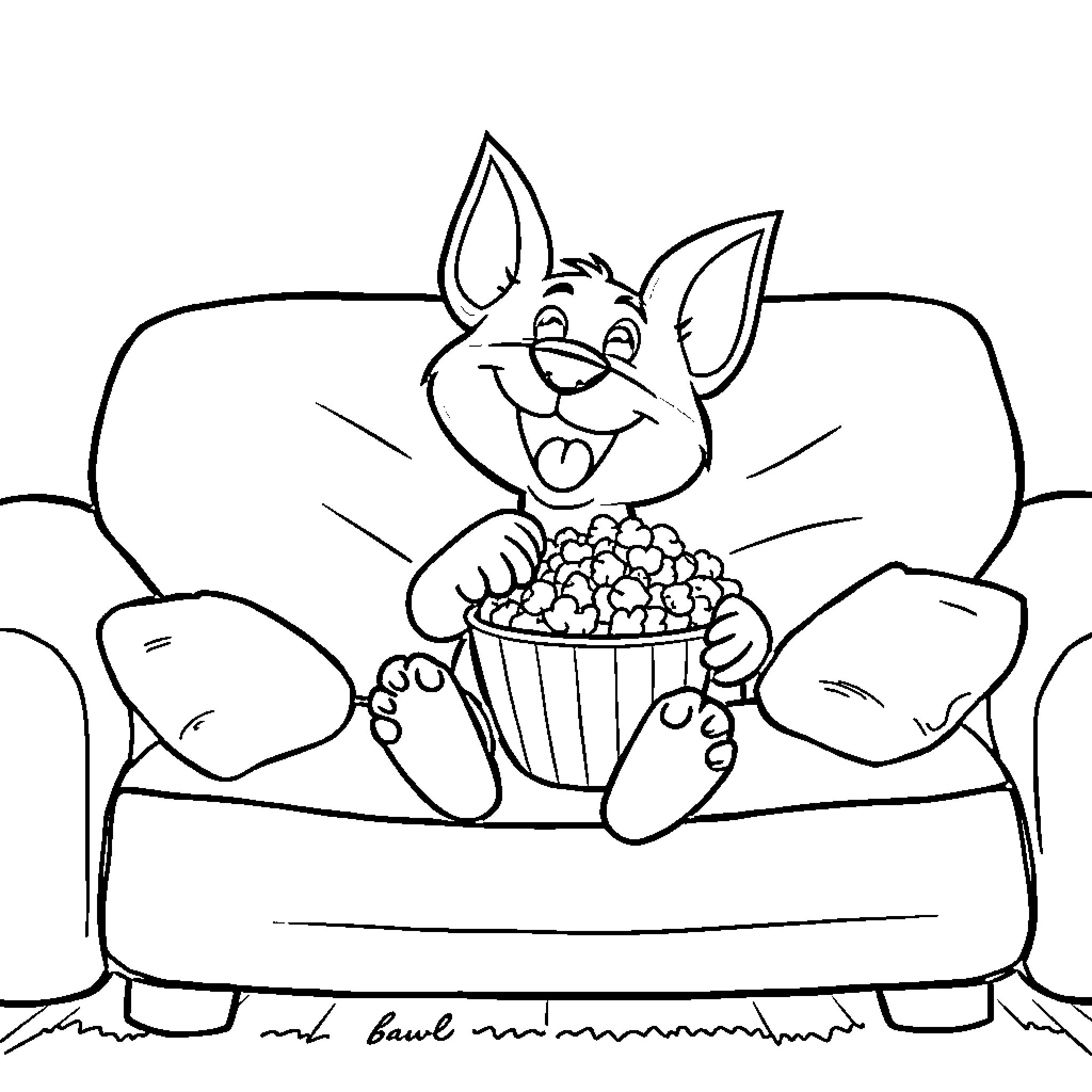 Bluey enjoying a cozy snack on the sofa Coloring Page (free black-and-white line drawing printable PDF for all, from beginners to advanced learners, including children, teens, adults, and seniors)