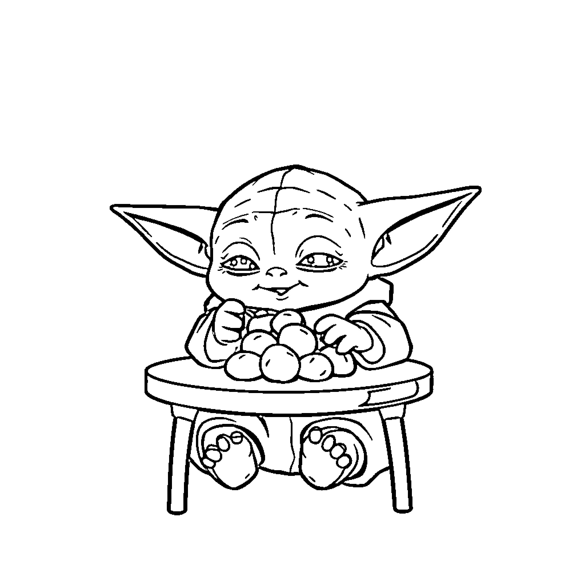 Yoda enjoying a snack on a stool Coloring Page (free black-and-white line drawing printable PDF for all, from beginners to advanced learners, including children, teens, adults, and seniors)
