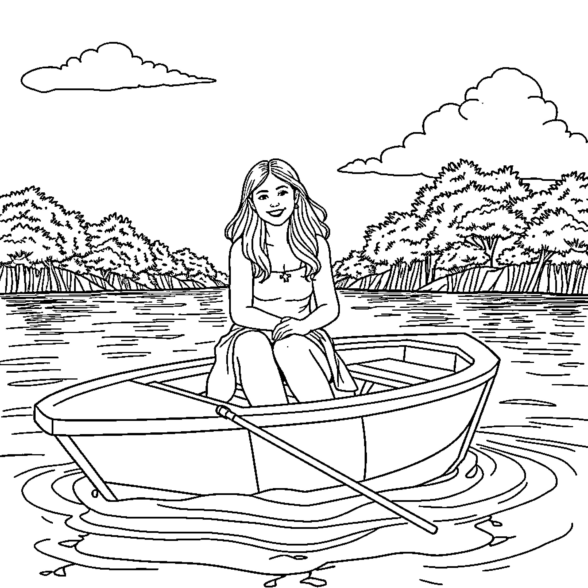 Ms Rachel relaxing in a boat on the lake Coloring Page (free black-and-white line drawing printable PDF for all, from beginners to advanced learners, including children, teens, adults, and seniors)