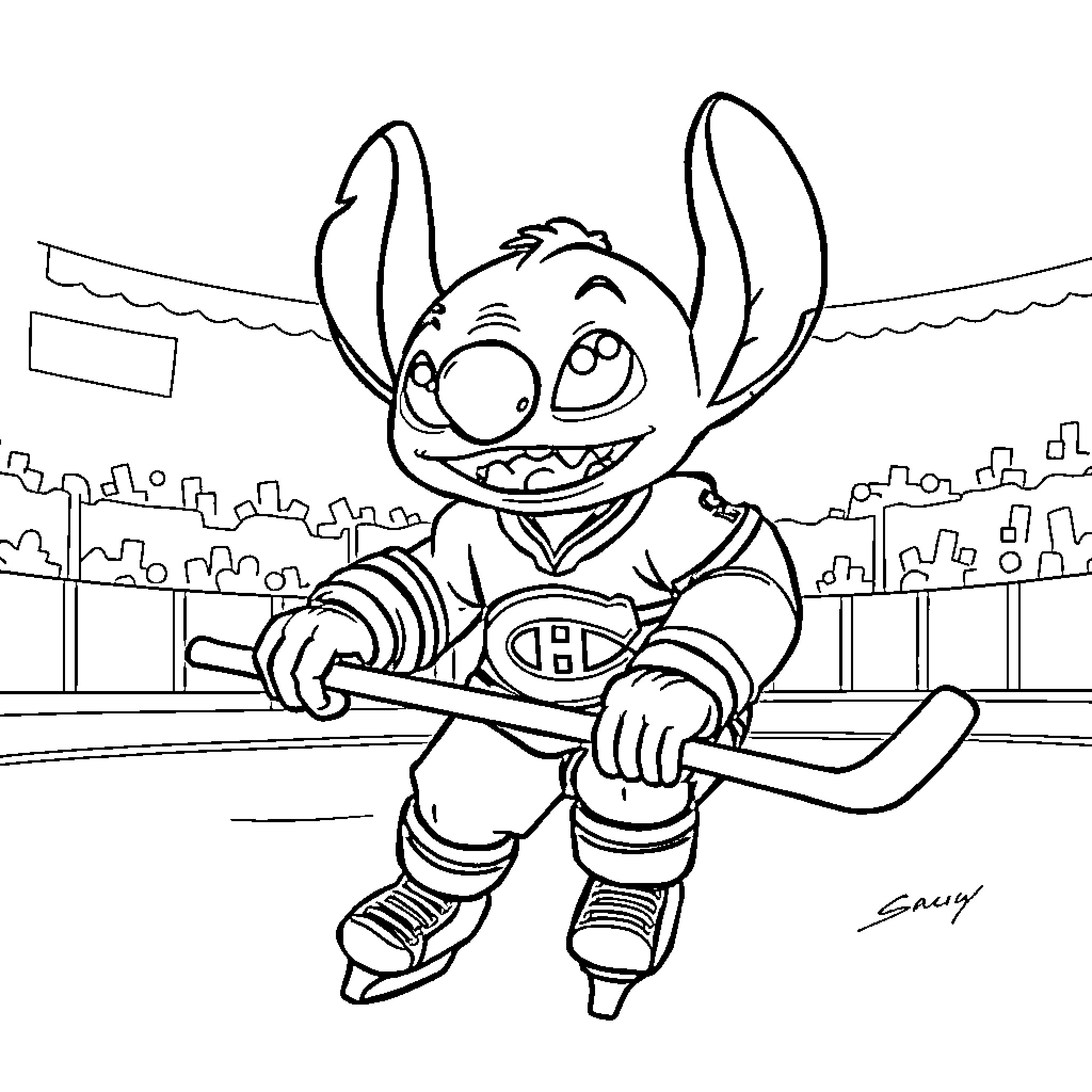 Stitch playing hockey with excitement Coloring Page (free black-and-white line drawing printable PDF for all, from beginners to advanced learners, including children, teens, adults, and seniors)