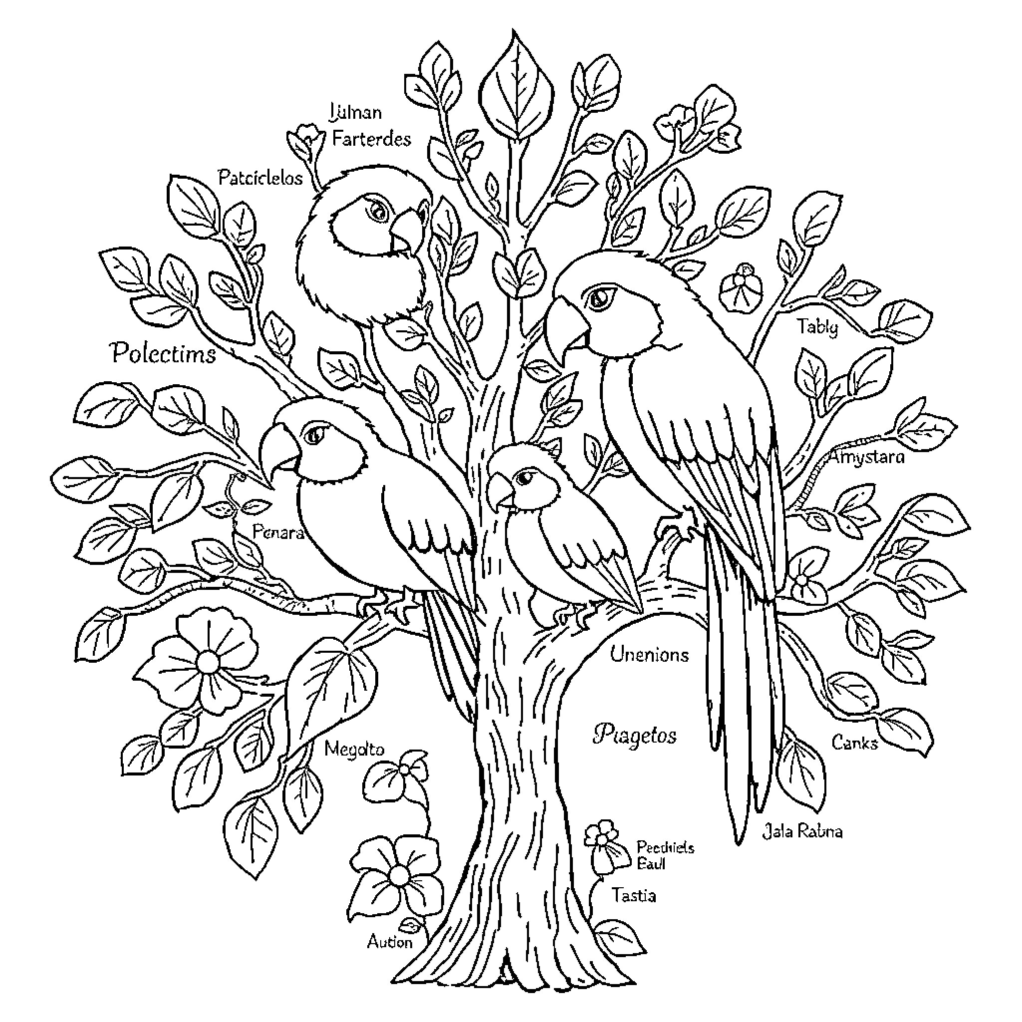 Family Tree of Colorful Bird Species Coloring Page (free black-and-white line drawing printable PDF for all, from beginners to advanced learners, including children, teens, adults, and seniors)