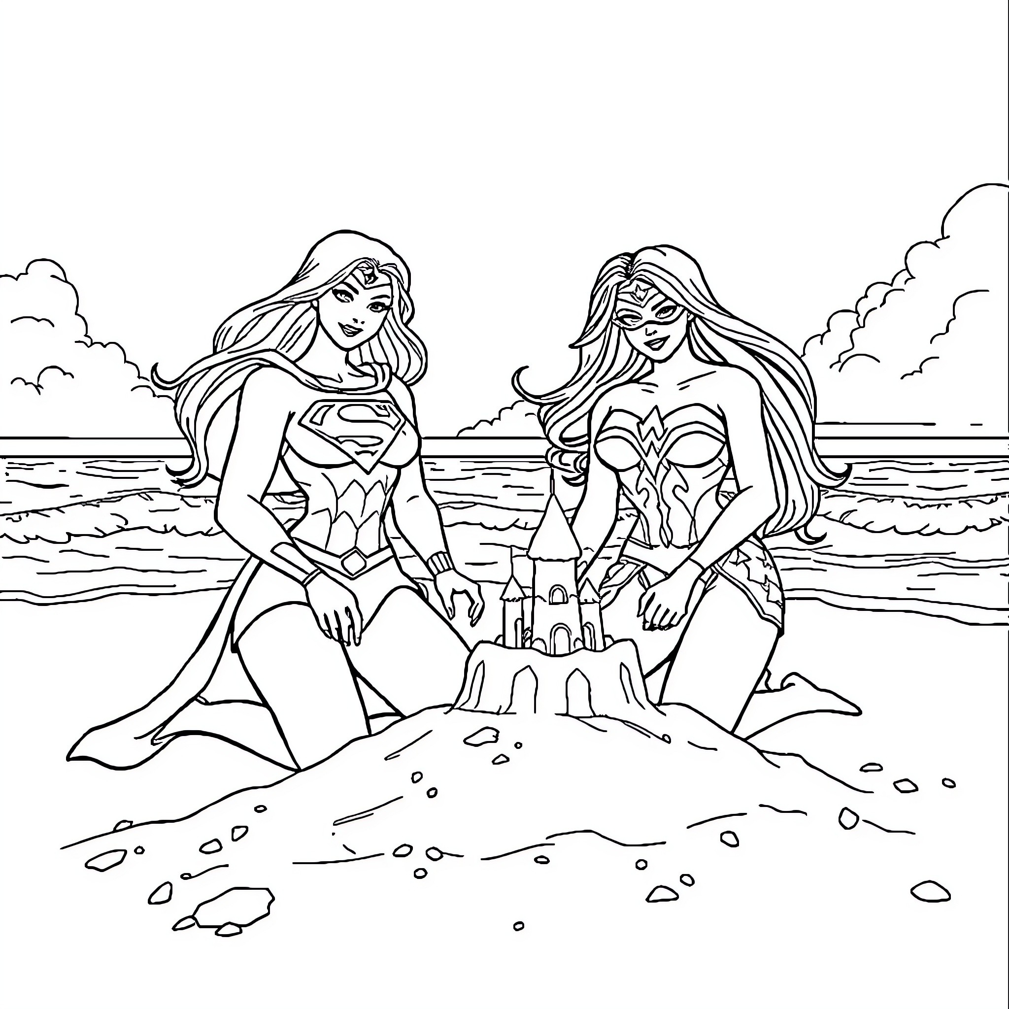 Supergirl and Wonder Woman building a sandcastle at the beach Coloring Page (free black-and-white line drawing printable PDF for all, from beginners to advanced learners, including children, teens, adults, and seniors)