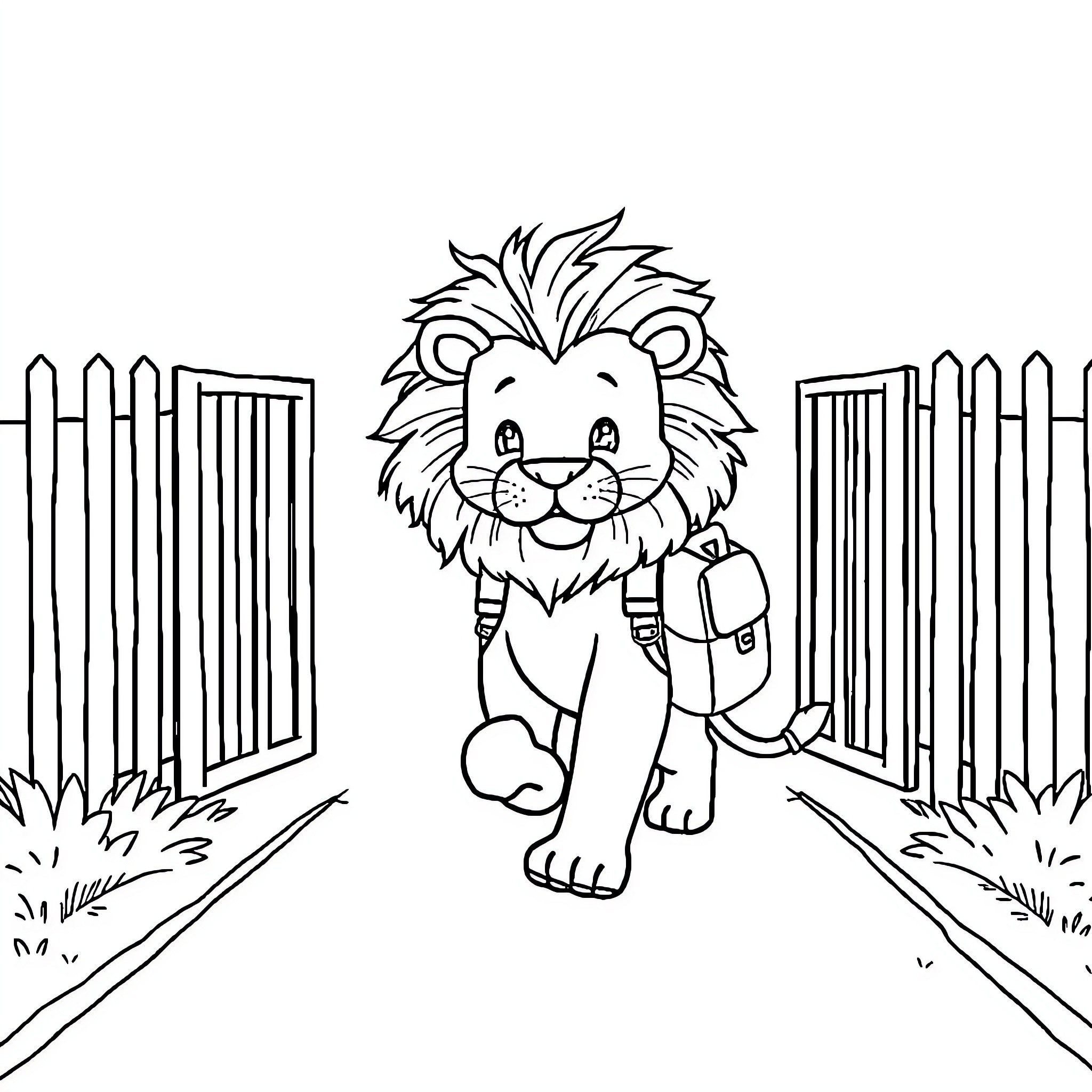 Lion cub walking happily with backpack Coloring Page (free black-and-white line drawing printable PDF for all, from beginners to advanced learners, including children, teens, adults, and seniors)