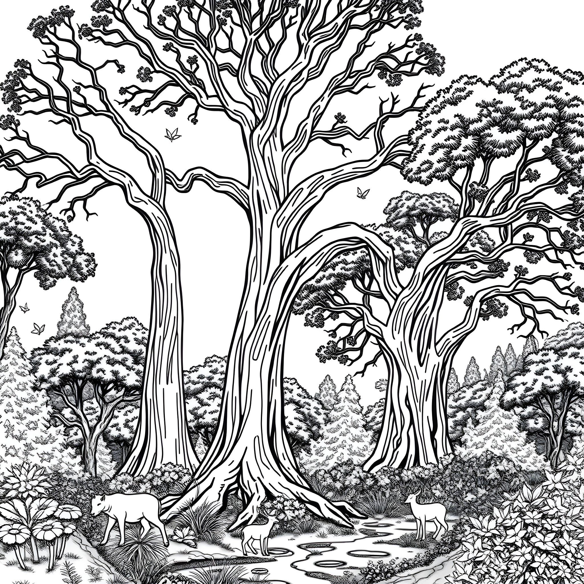 Tree-filled forest scene with animals Coloring Page (free black-and-white line drawing printable PDF for all, from beginners to advanced learners, including children, teens, adults, and seniors)