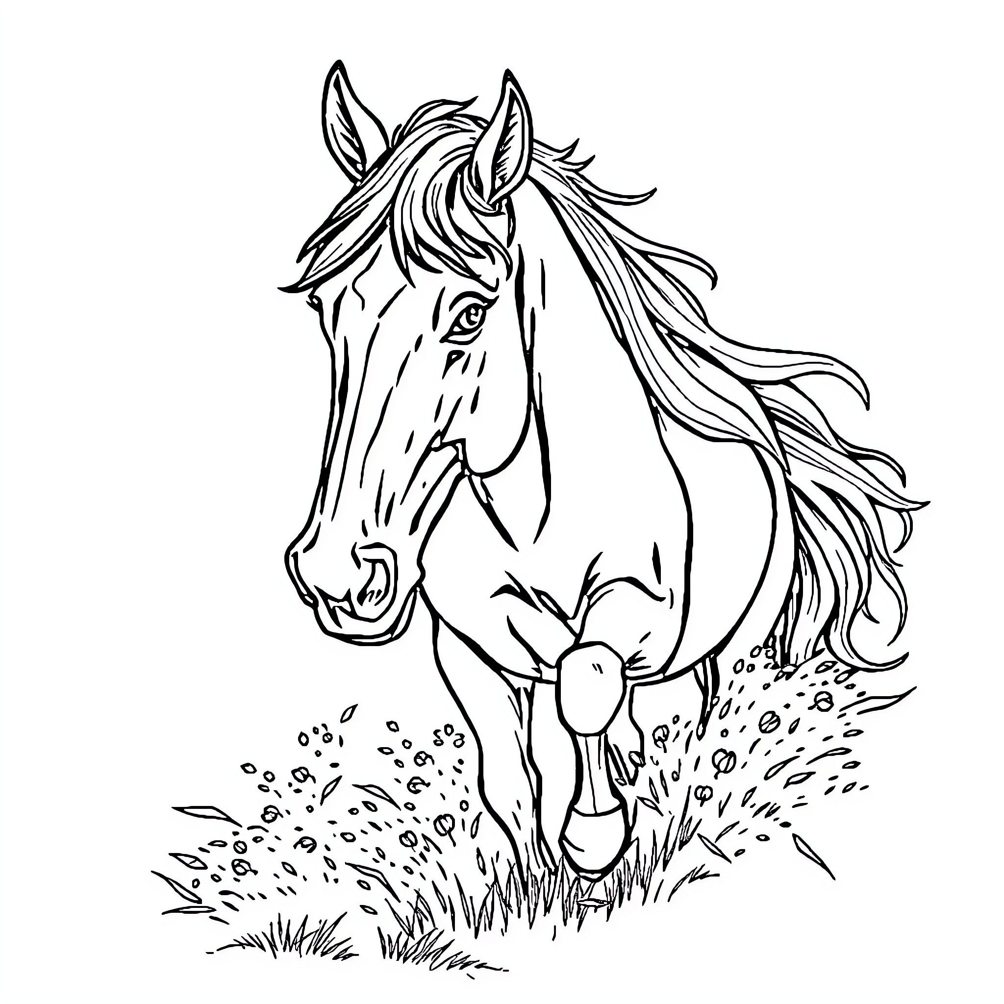 Horse galloping through lush meadow Coloring Page (free black-and-white line drawing printable PDF for all, from beginners to advanced learners, including children, teens, adults, and seniors)