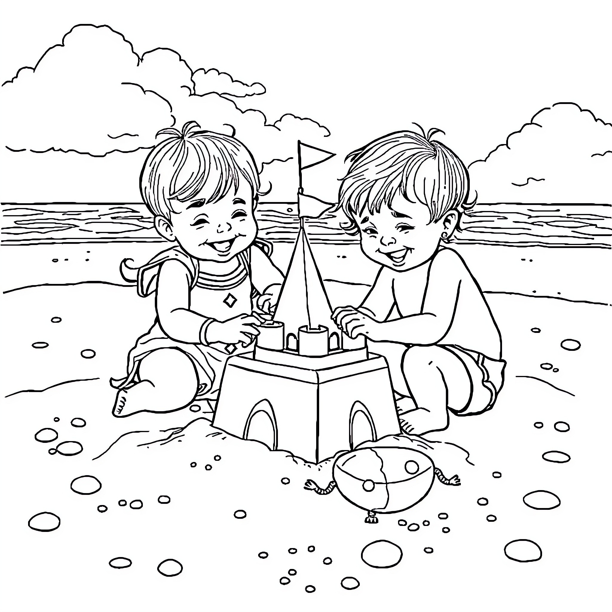 Baby boys playing with sandcastle by the beach Coloring Page (free black-and-white line drawing printable PDF for all, from beginners to advanced learners, including children, teens, adults, and seniors)