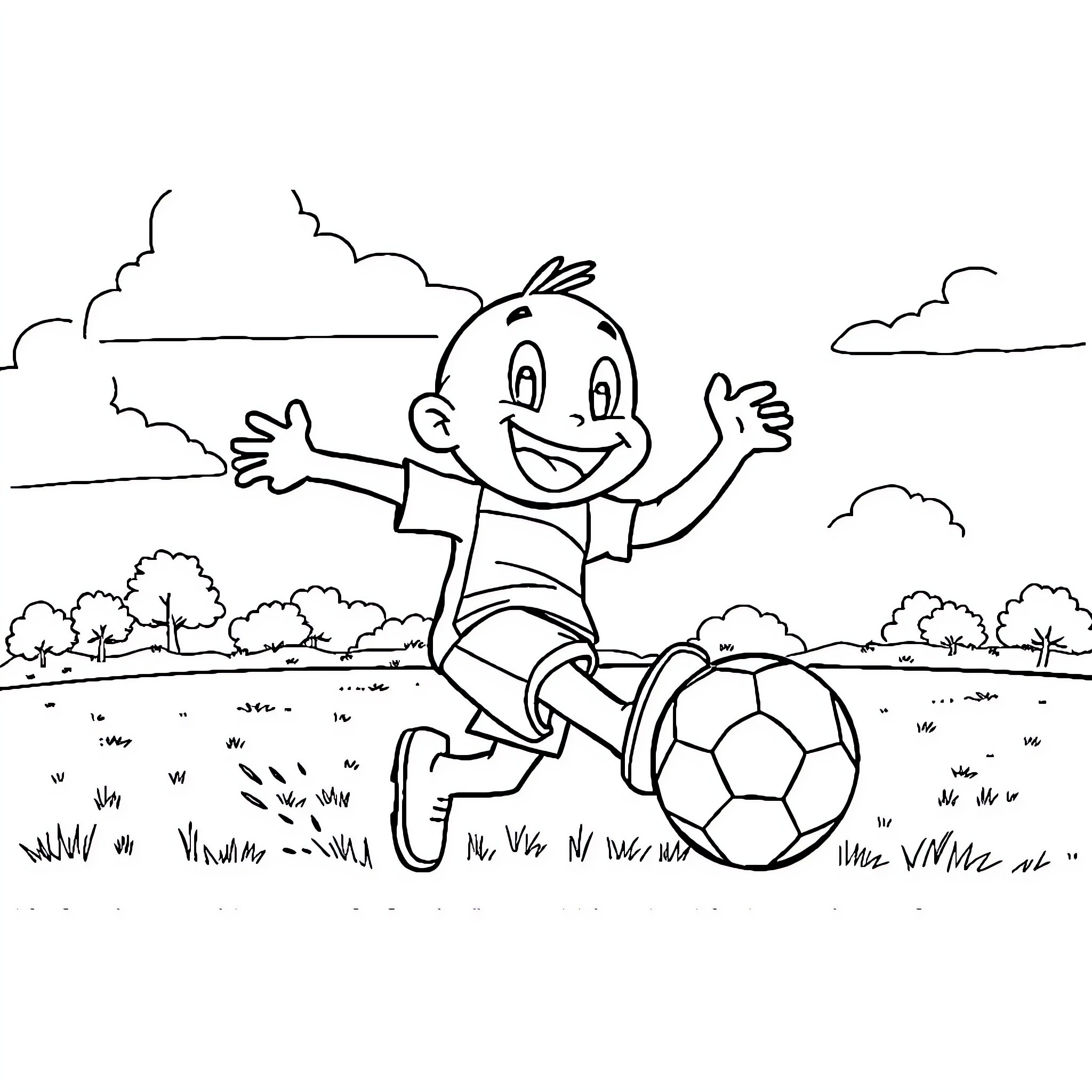 Bluey playing joyfully with soccer ball in the park Coloring Page (free black-and-white line drawing printable PDF for all, from beginners to advanced learners, including children, teens, adults, and seniors)