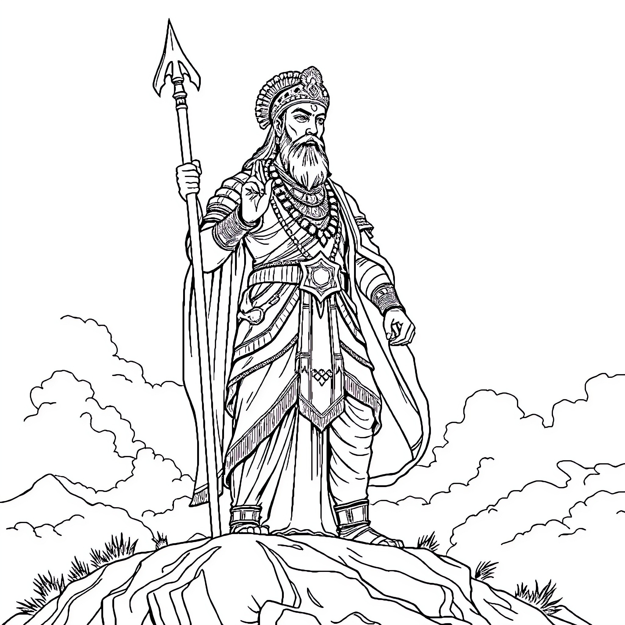 Chhatrapati Shivaji Maharaj standing tall with spear and royal attire Coloring Page (free black-and-white line drawing printable PDF for all, from beginners to advanced learners, including children, teens, adults, and seniors)