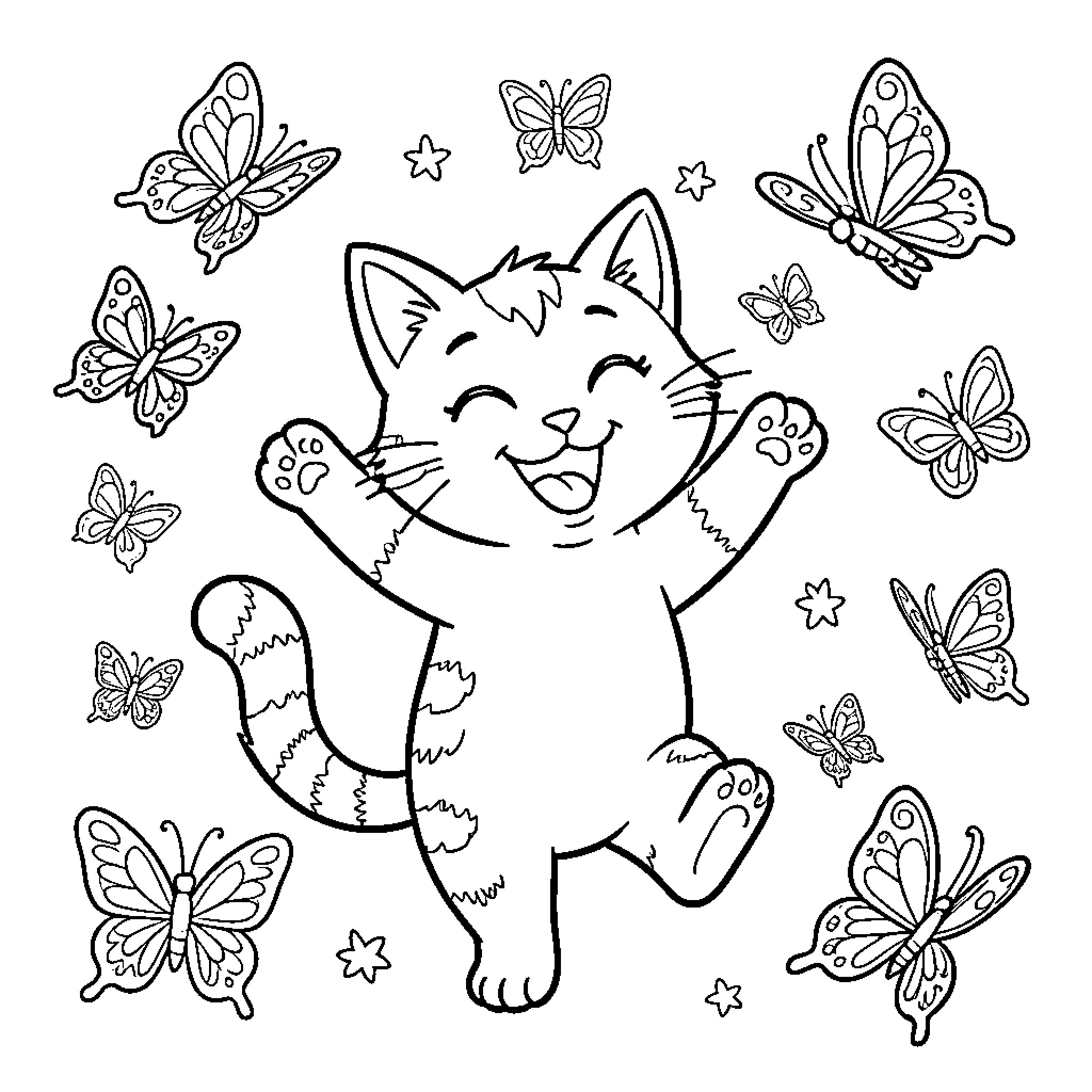 Cat playing joyfully with butterflies Coloring Page (free black-and-white line drawing printable PDF for all, from beginners to advanced learners, including children, teens, adults, and seniors)