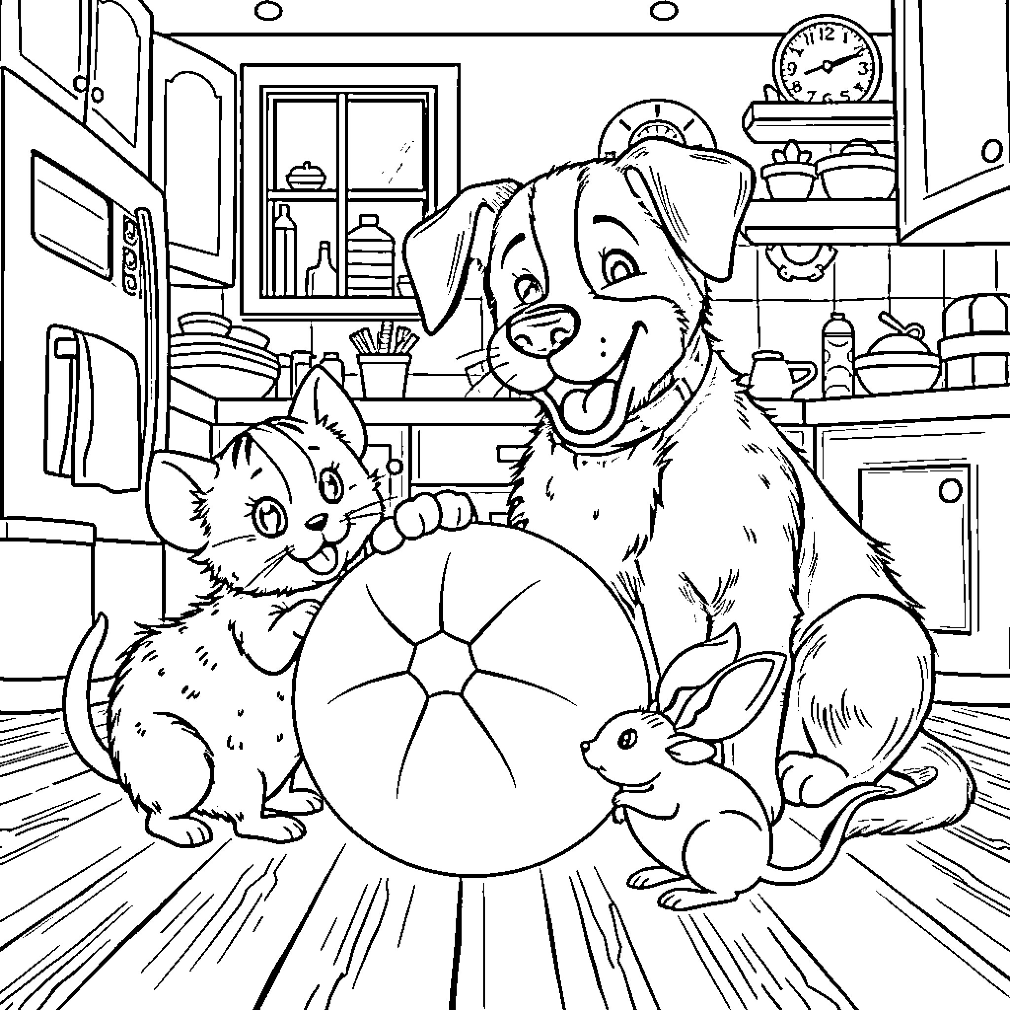 Dog, cat, and rabbit playing with ball in the kitchen Coloring Page (free black-and-white line drawing printable PDF for all, from beginners to advanced learners, including children, teens, adults, and seniors)