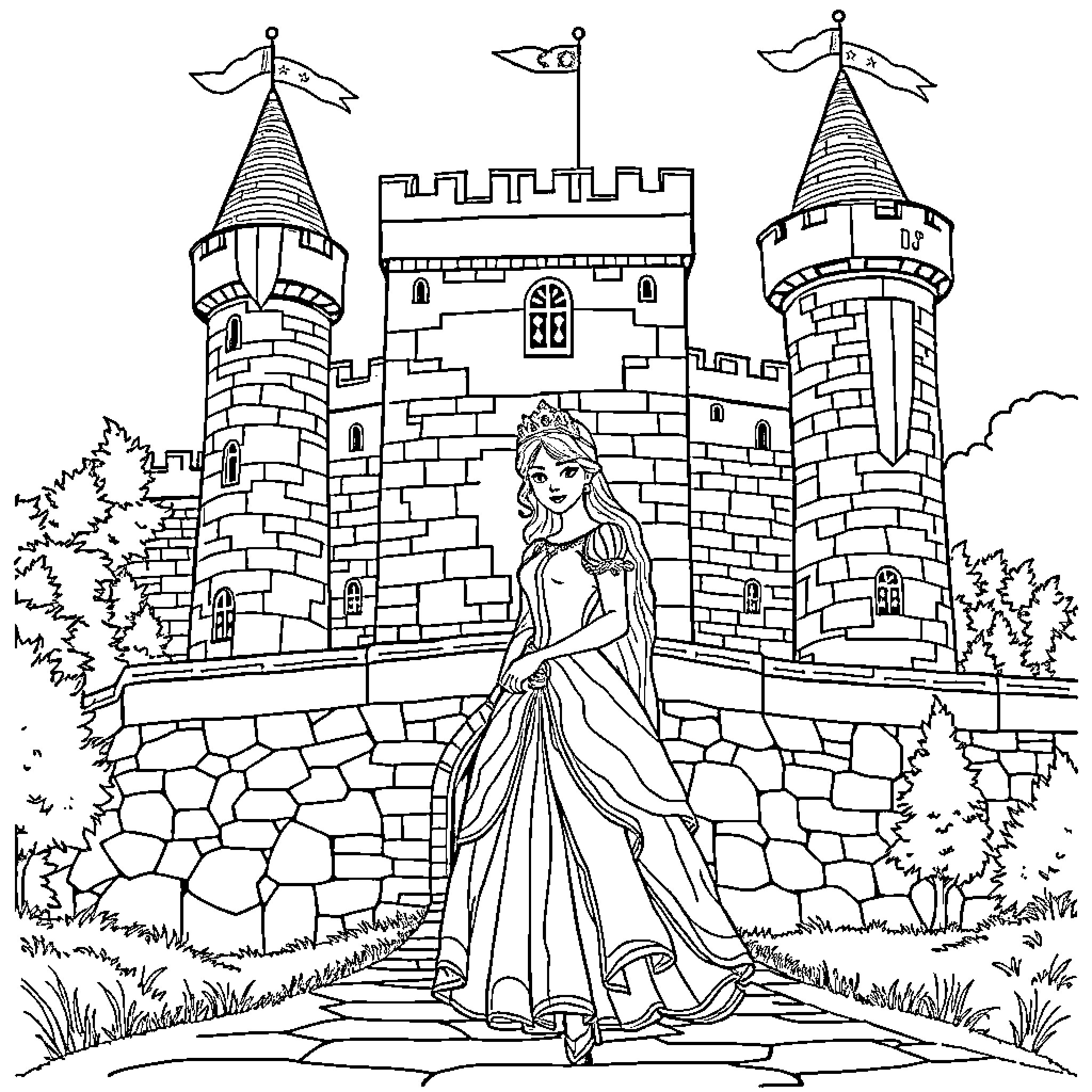 Princess Stands Before Her Enchanted Castle Coloring Page (free black-and-white line drawing printable PDF for all, from beginners to advanced learners, including children, teens, adults, and seniors)