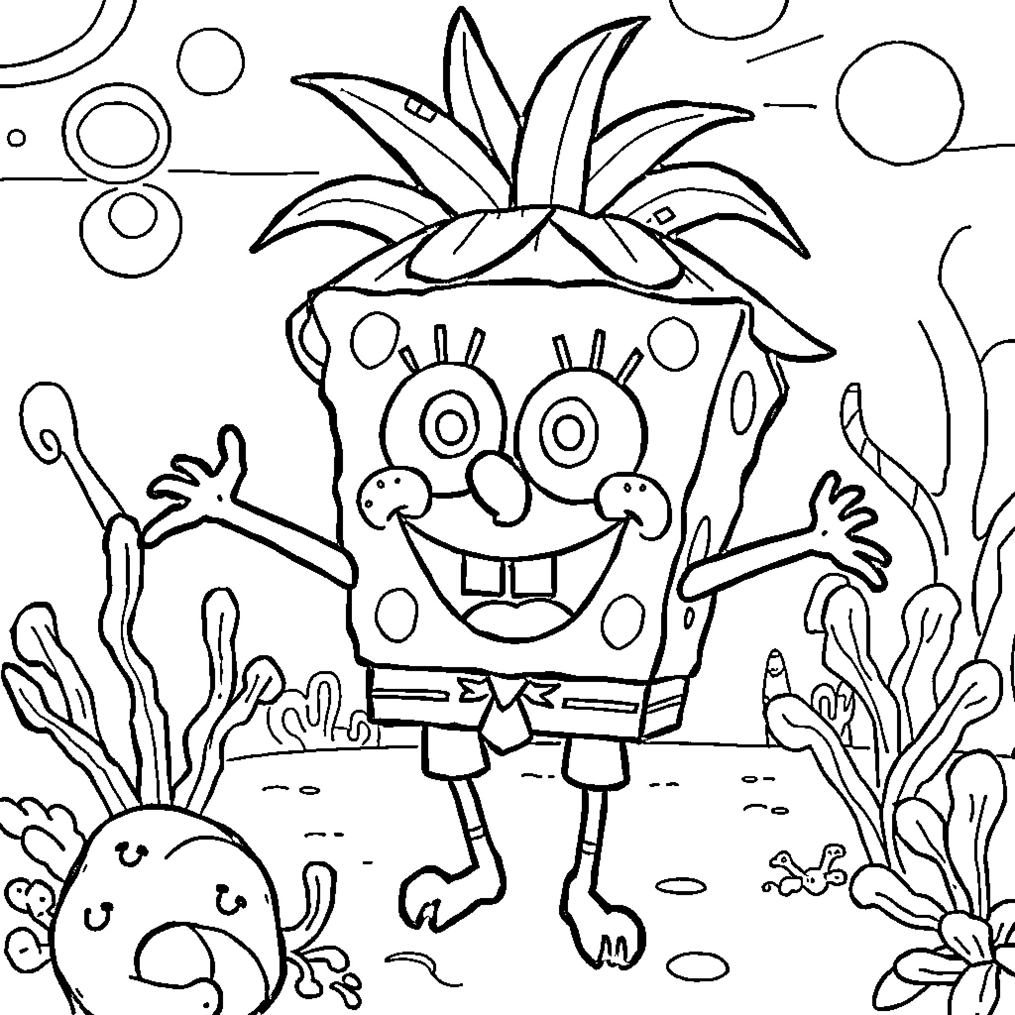 Spongebob excitedly exploring an underwater world Coloring Page (free black-and-white line drawing printable PDF for all, from beginners to advanced learners, including children, teens, adults, and seniors)