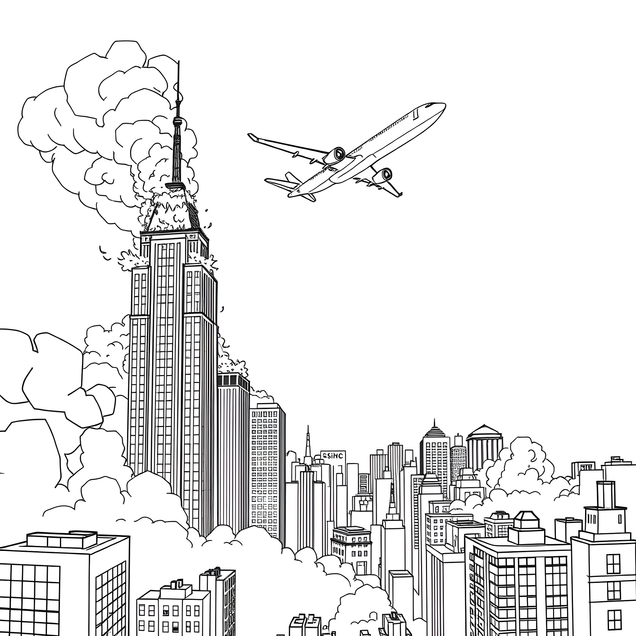 Airplane flying over bustling city skyline Coloring Page (free black-and-white line drawing printable PDF for all, from beginners to advanced learners, including children, teens, adults, and seniors)