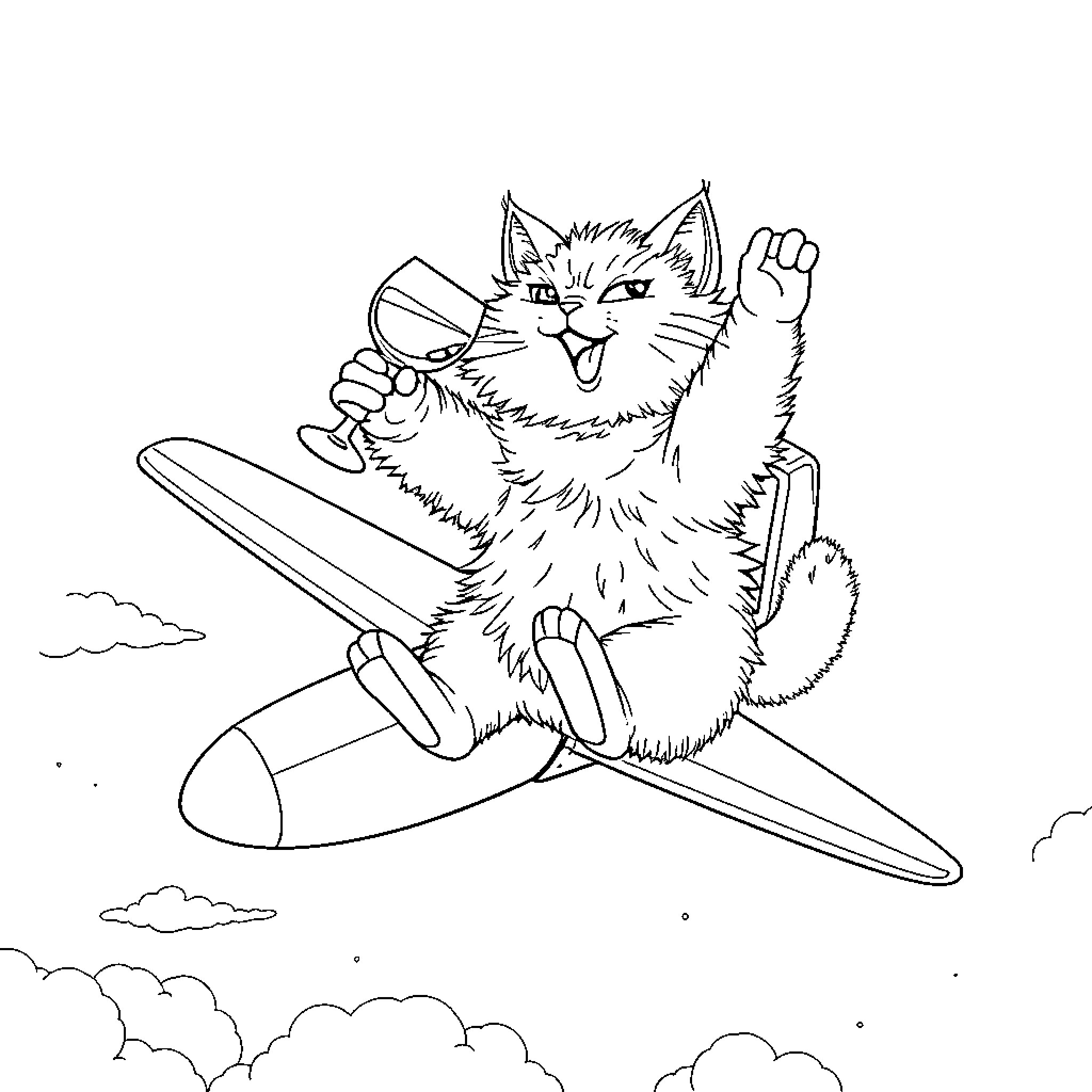 Cat riding a jet plane in the sky Coloring Page (free black-and-white line drawing printable PDF for all, from beginners to advanced learners, including children, teens, adults, and seniors)