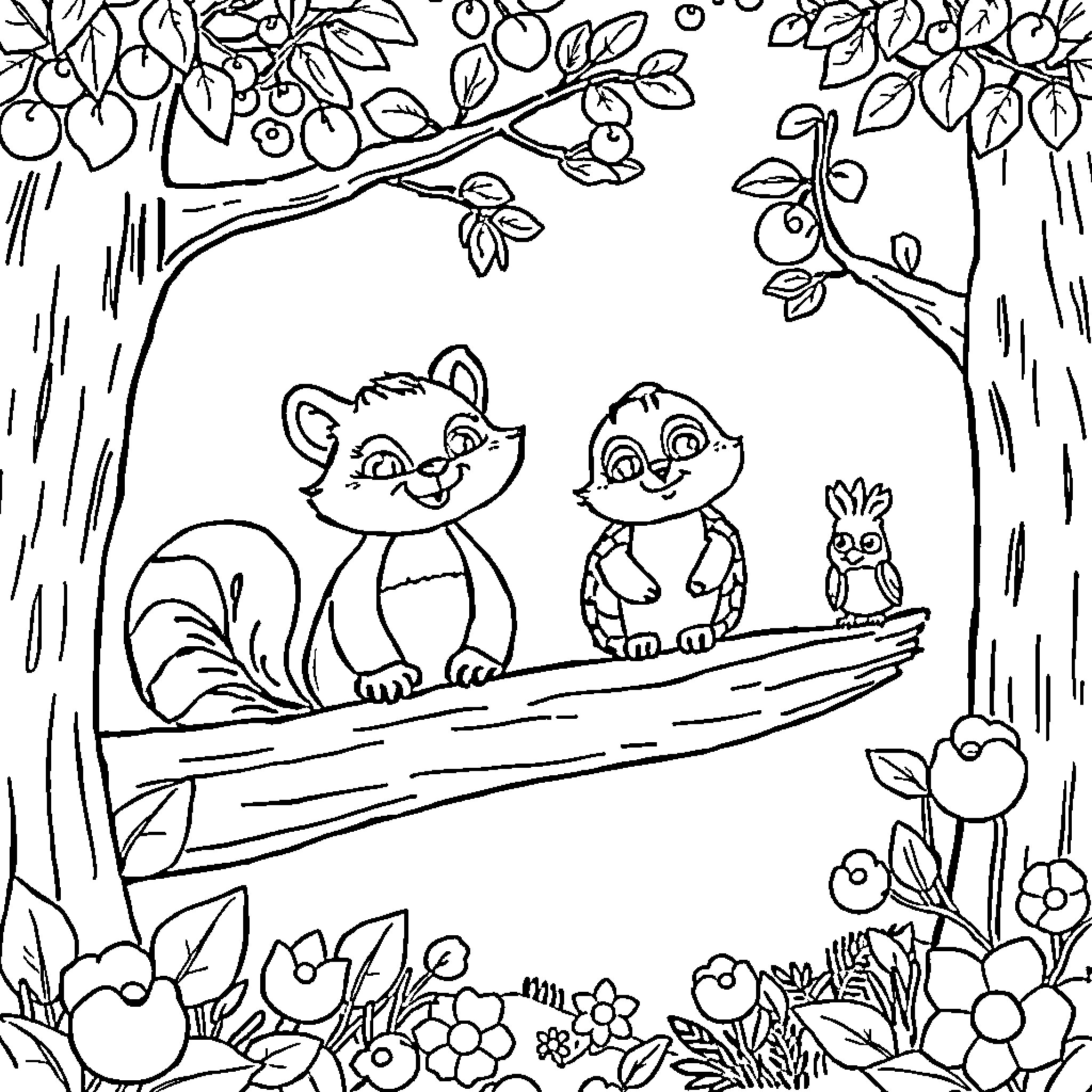 Fruit Forest Friends Frolic Coloring Page (free black-and-white line drawing printable PDF for all, from beginners to advanced learners, including children, teens, adults, and seniors)