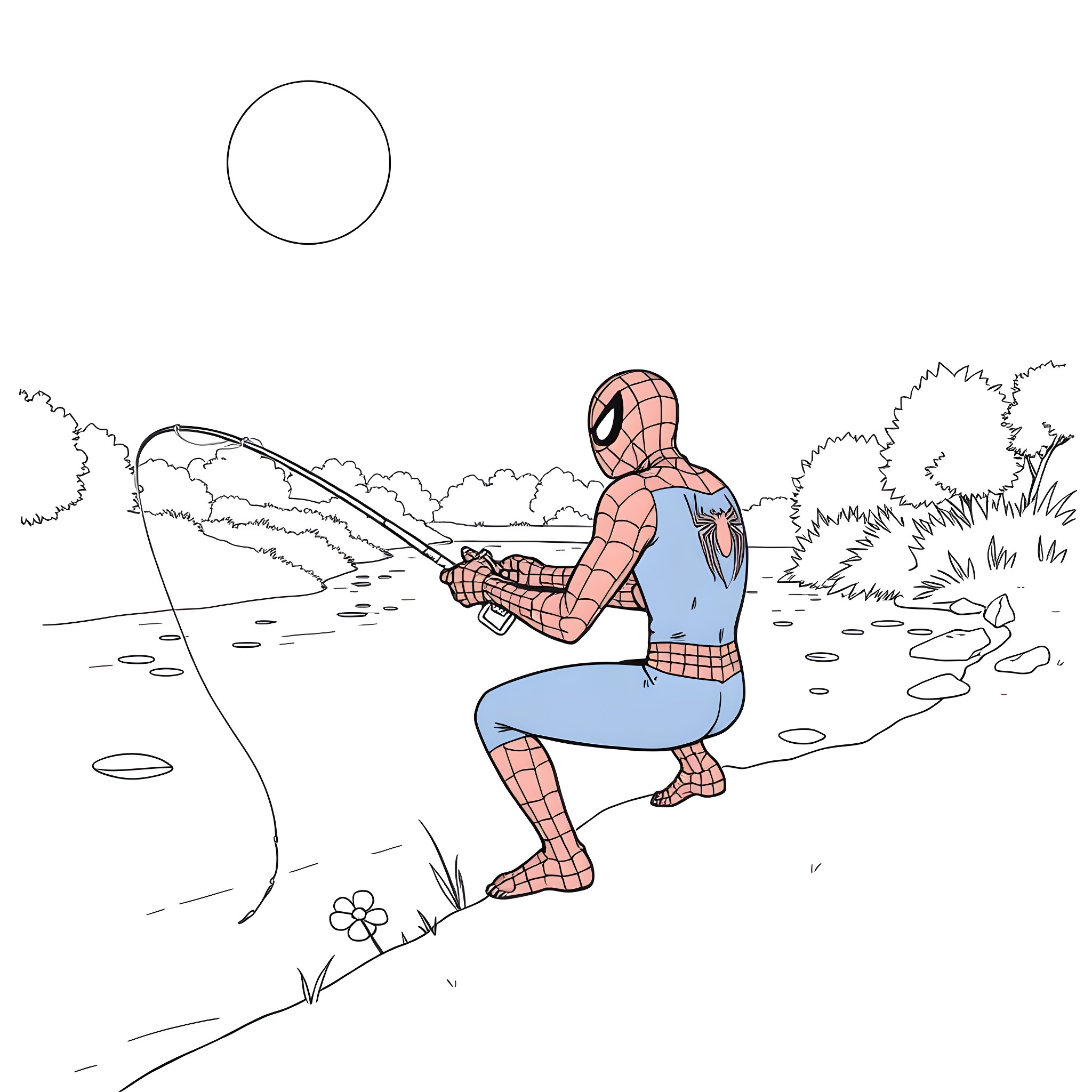 Spiderman fishing in a serene landscape Coloring Page (free black-and-white line drawing printable PDF for all, from beginners to advanced learners, including children, teens, adults, and seniors)