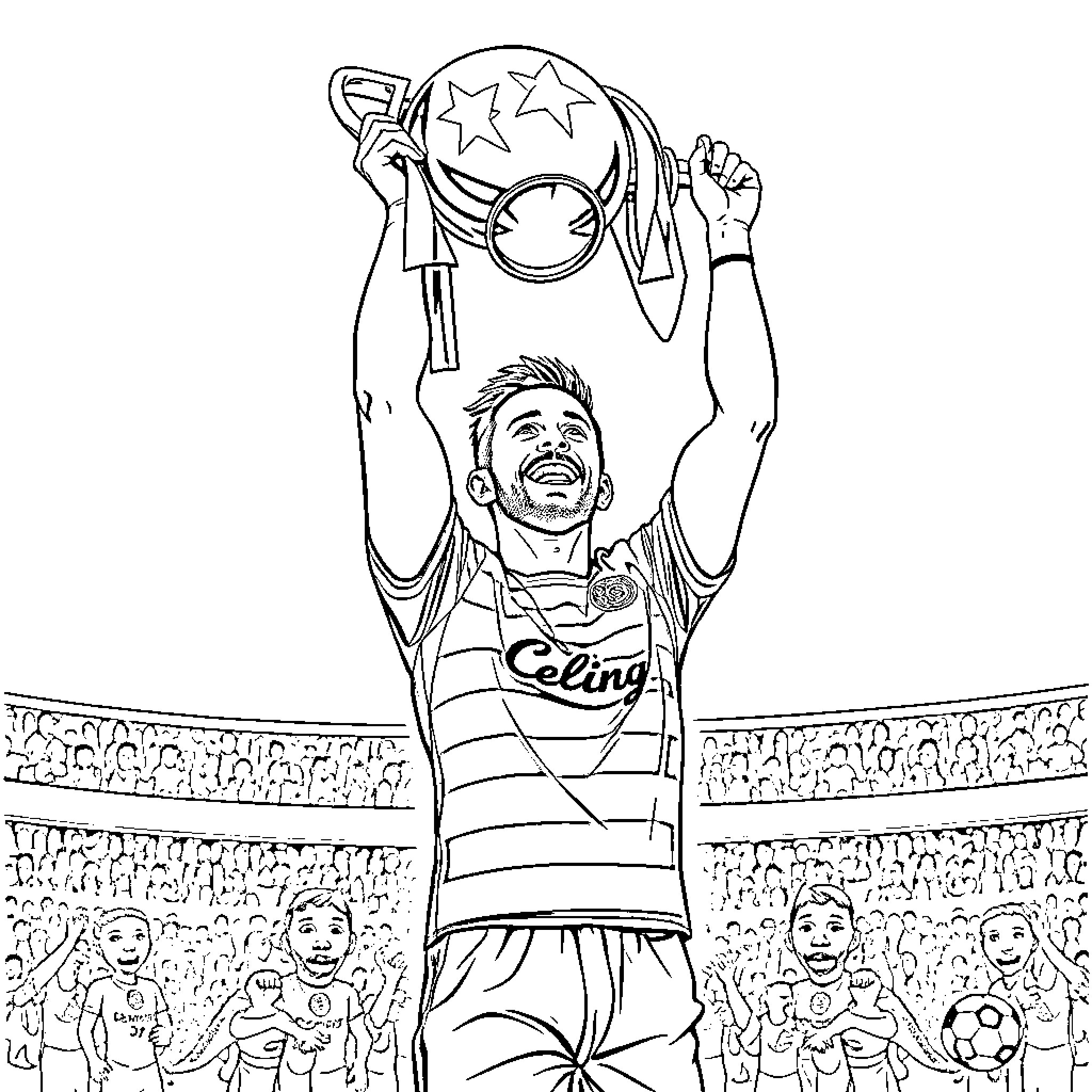 Callum McGregor raising trophy in celebration Coloring Page (free black-and-white line drawing printable PDF for all, from beginners to advanced learners, including children, teens, adults, and seniors)