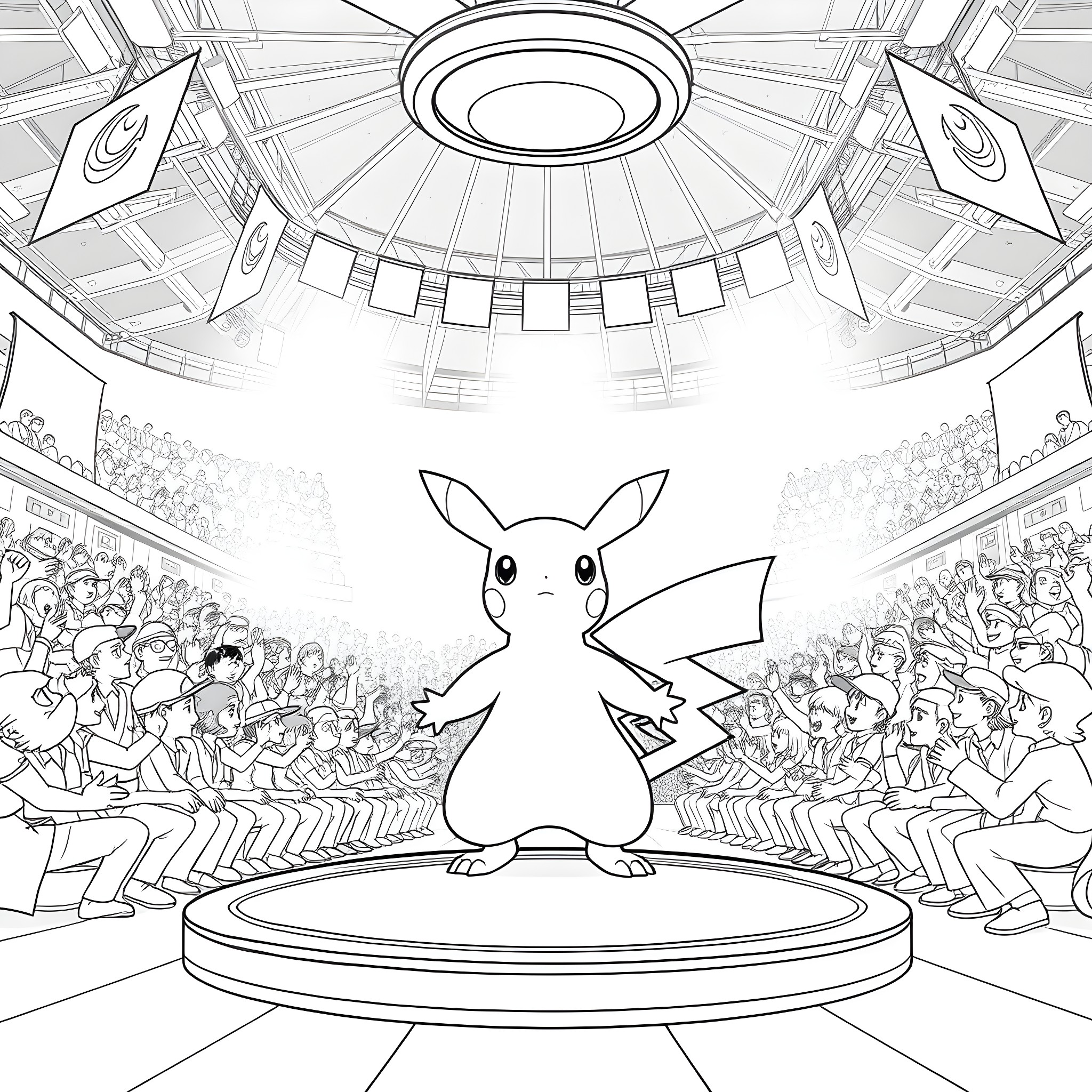 Pokémon Character Performing on Stage Coloring Page (free black-and-white line drawing printable PDF for all, from beginners to advanced learners, including children, teens, adults, and seniors)