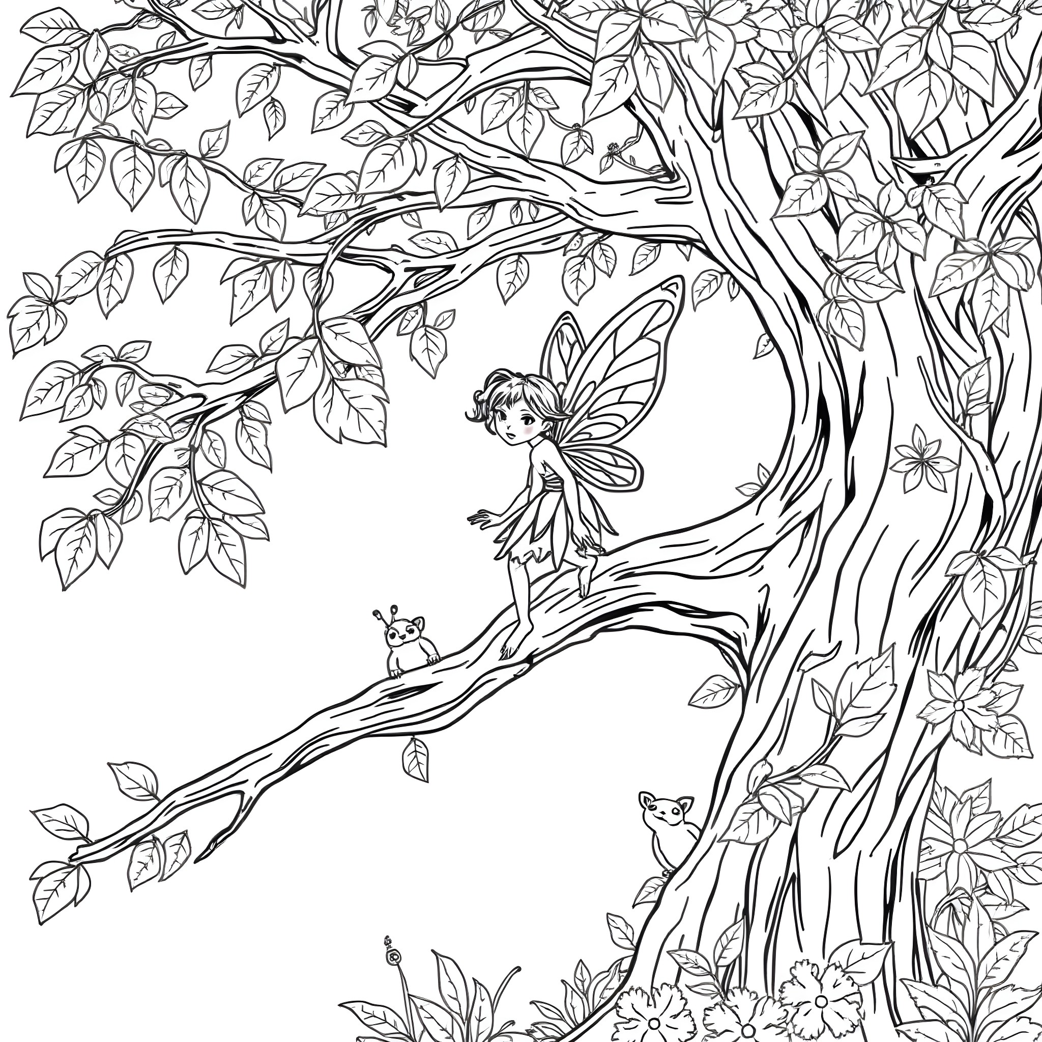 Fairy Resting on a Tree Branch with Woodland Creatures Coloring Page (free black-and-white line drawing printable PDF for all, from beginners to advanced learners, including children, teens, adults, and seniors)