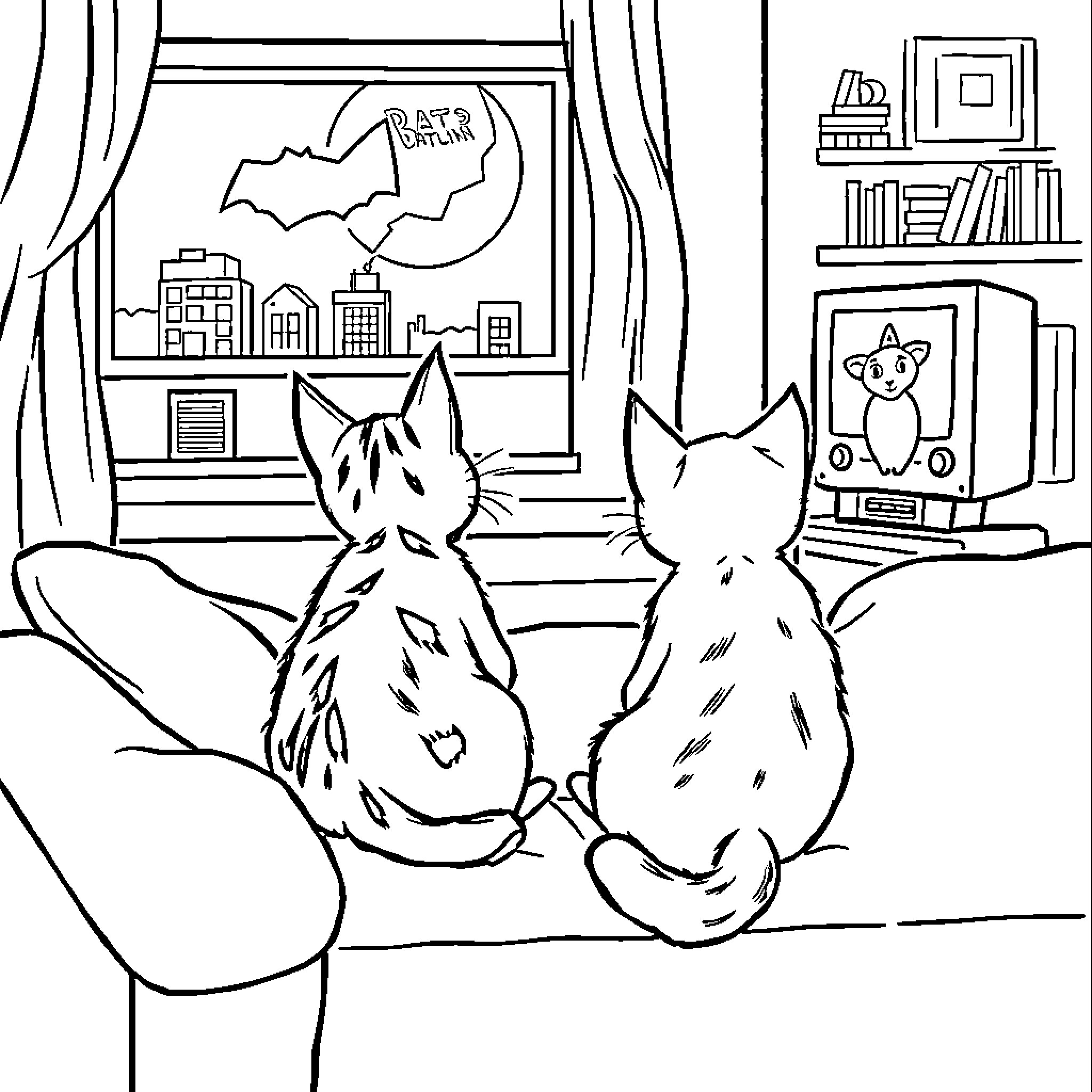 Cats watching through the window on Halloween night Coloring Page (free black-and-white line drawing printable PDF for all, from beginners to advanced learners, including children, teens, adults, and seniors)