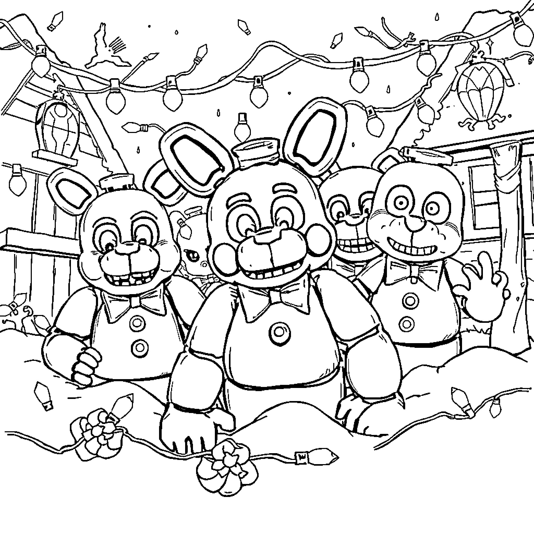 Five Nights At Freddy's: Animatronic Characters in Festive Setting Coloring Page (free black-and-white line drawing printable PDF for all, from beginners to advanced learners, including children, teens, adults, and seniors)