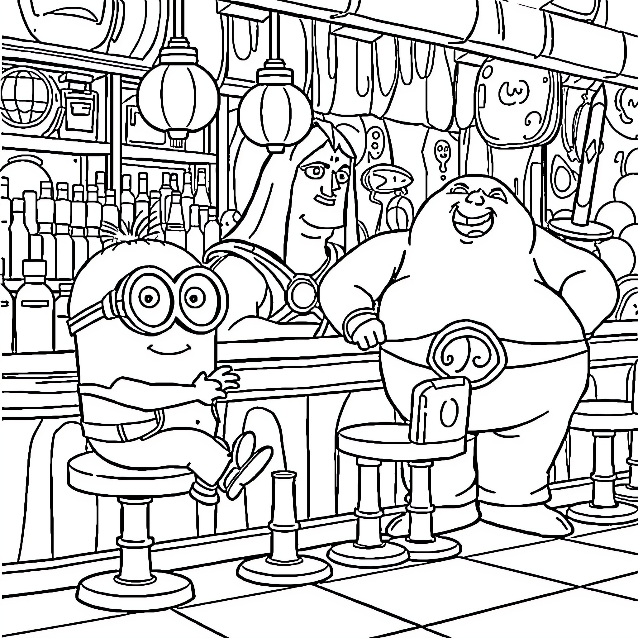 Minions gathering at the diner Coloring Page (free black-and-white line drawing printable PDF for all, from beginners to advanced learners, including children, teens, adults, and seniors)