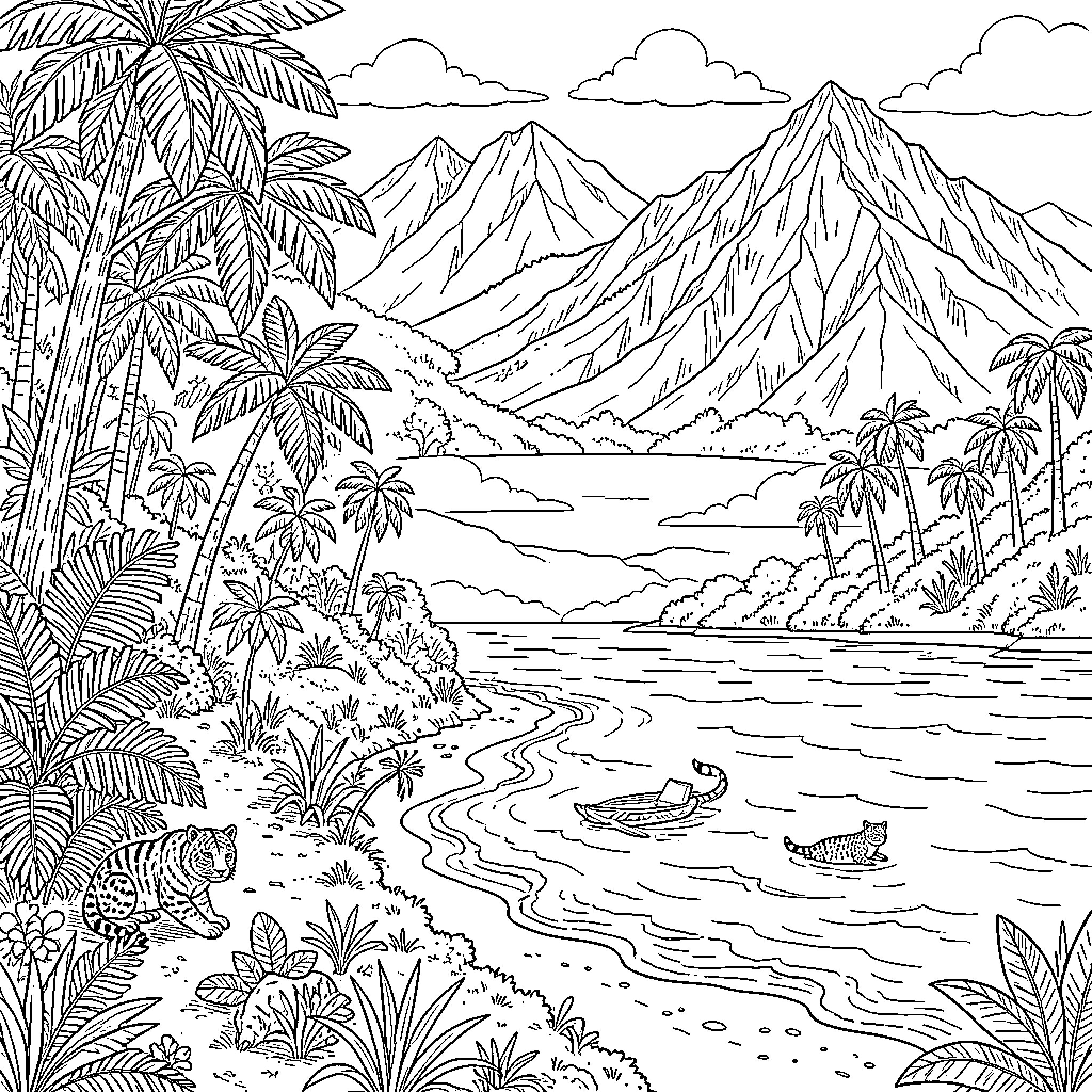 Peruvian Ecosystems: Lush Tropical Landscape with Mountains Coloring Page (free black-and-white line drawing printable PDF for all, from beginners to advanced learners, including children, teens, adults, and seniors)