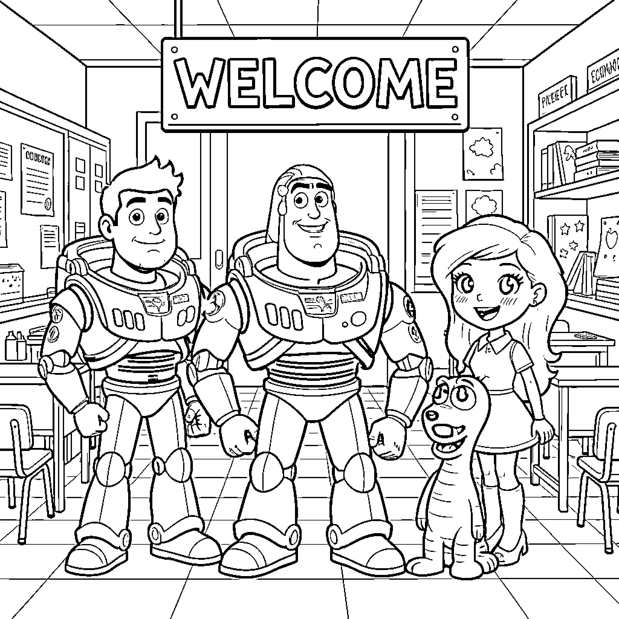Buddy characters smiling together in a classroom setting Coloring Page (free black-and-white line drawing printable PDF for all, from beginners to advanced learners, including children, teens, adults, and seniors)