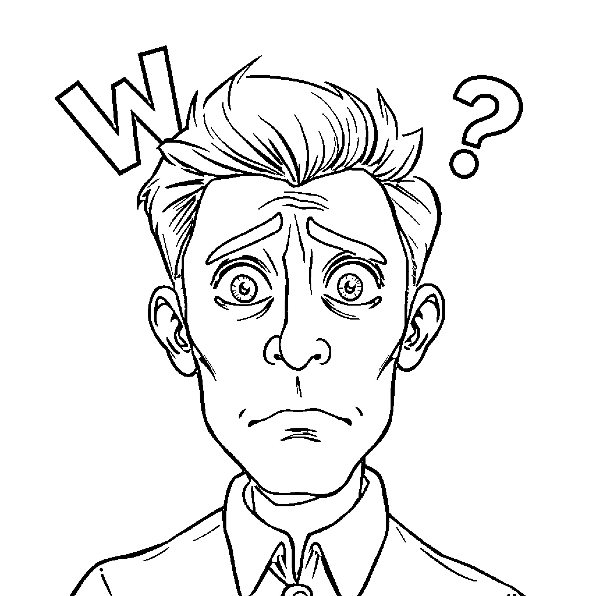 What Confused Man Expressing Uncertainty Coloring Page (free black-and-white line drawing printable PDF for all, from beginners to advanced learners, including children, teens, adults, and seniors)