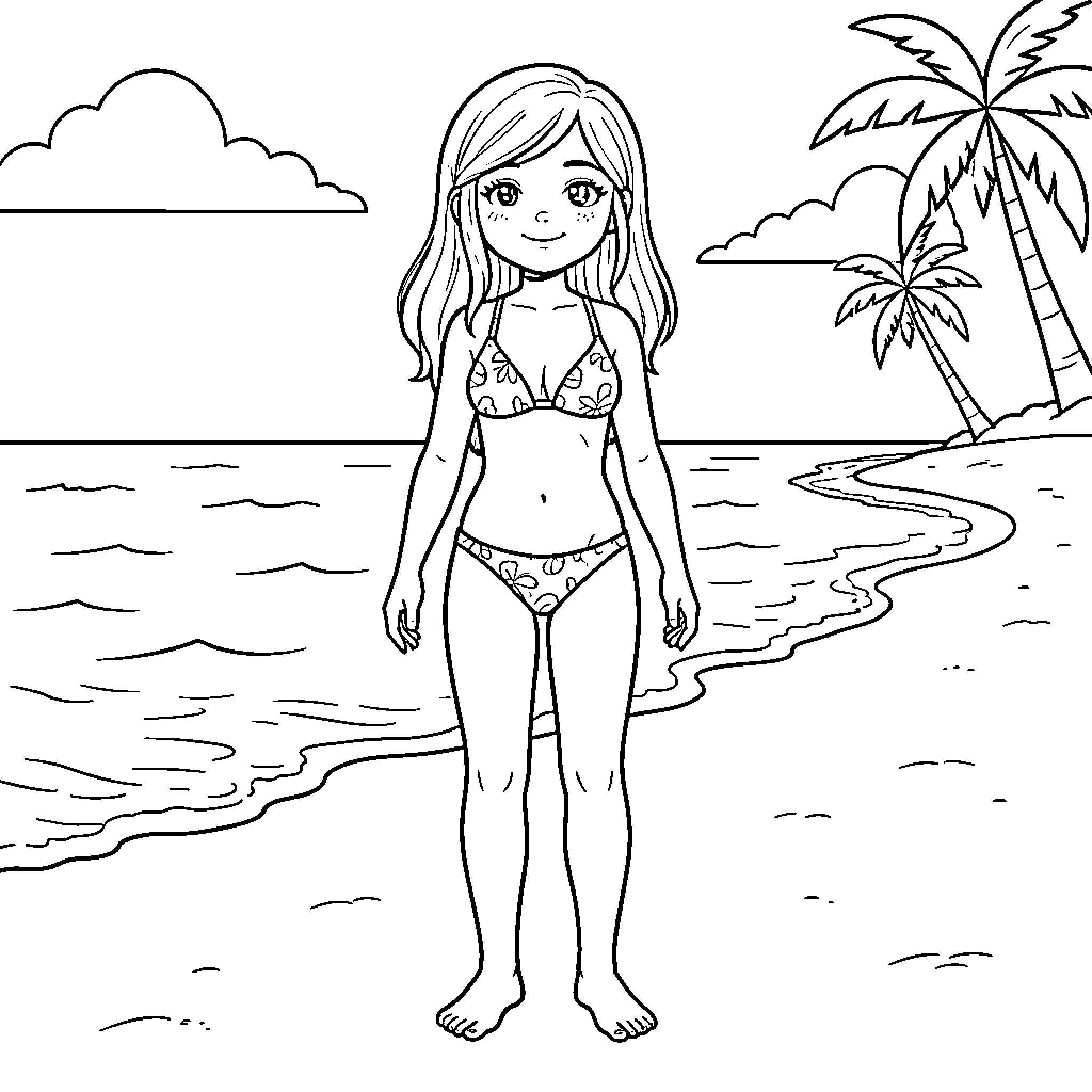 Girl in a swimsuit on a tropical beach Coloring Page (free black-and-white line drawing printable PDF for all, from beginners to advanced learners, including children, teens, adults, and seniors)