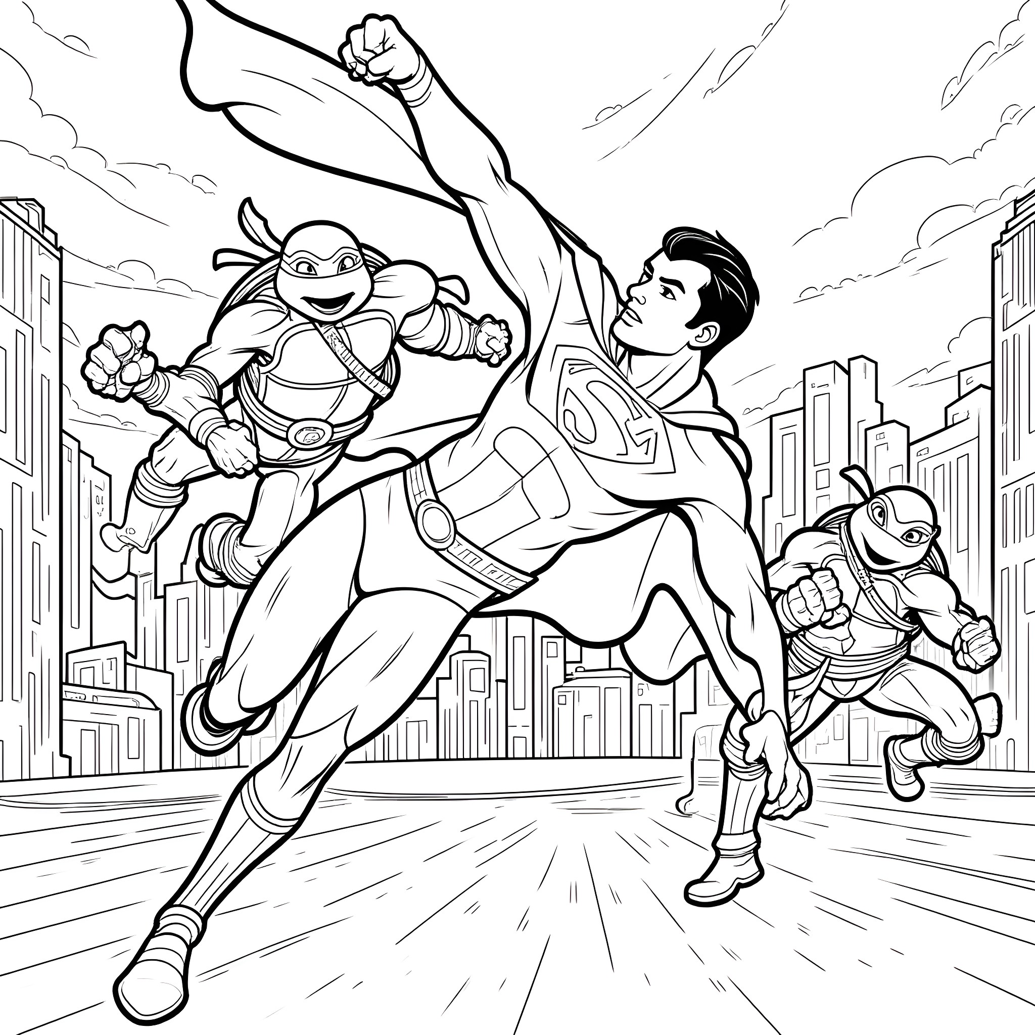 Superman Heroically Saves the City from Villains Coloring Page (free black-and-white line drawing printable PDF for all, from beginners to advanced learners, including children, teens, adults, and seniors)