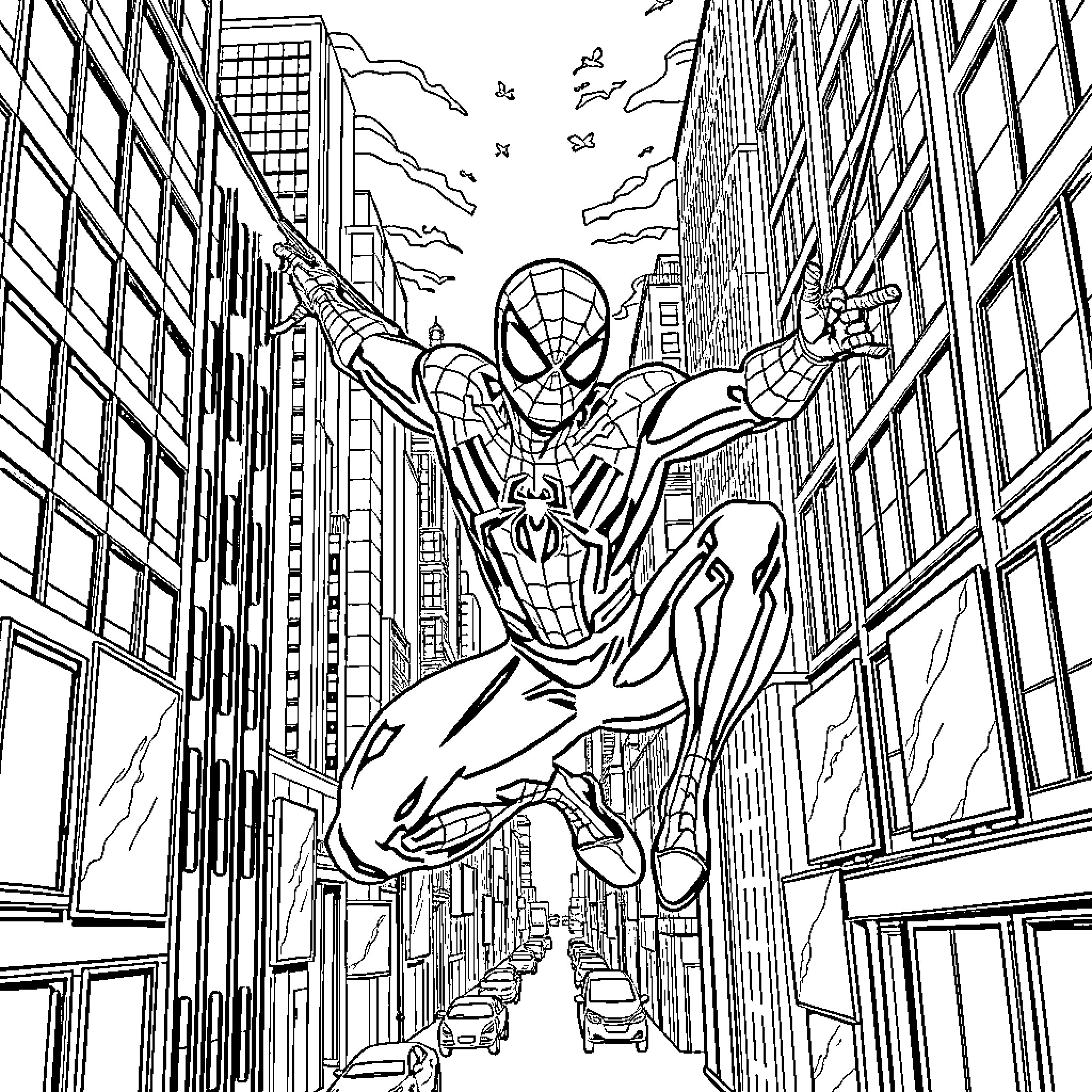 Spiderman swinging through the city streets Coloring Page (free black-and-white line drawing printable PDF for all, from beginners to advanced learners, including children, teens, adults, and seniors)