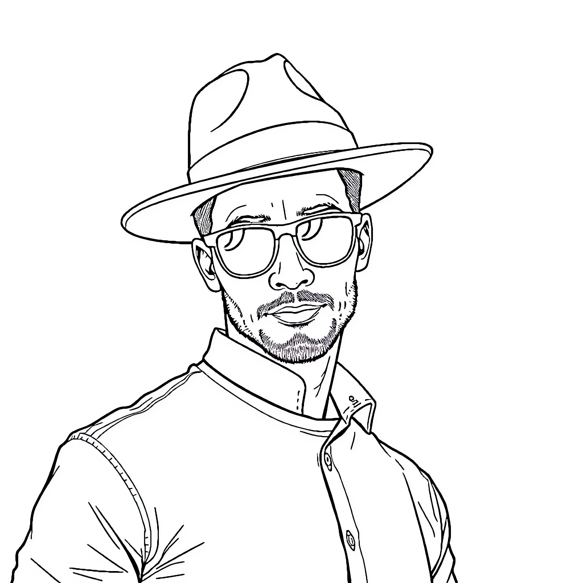 Man in hat and glasses with serious expression Coloring Page (free black-and-white line drawing printable PDF for all, from beginners to advanced learners, including children, teens, adults, and seniors)