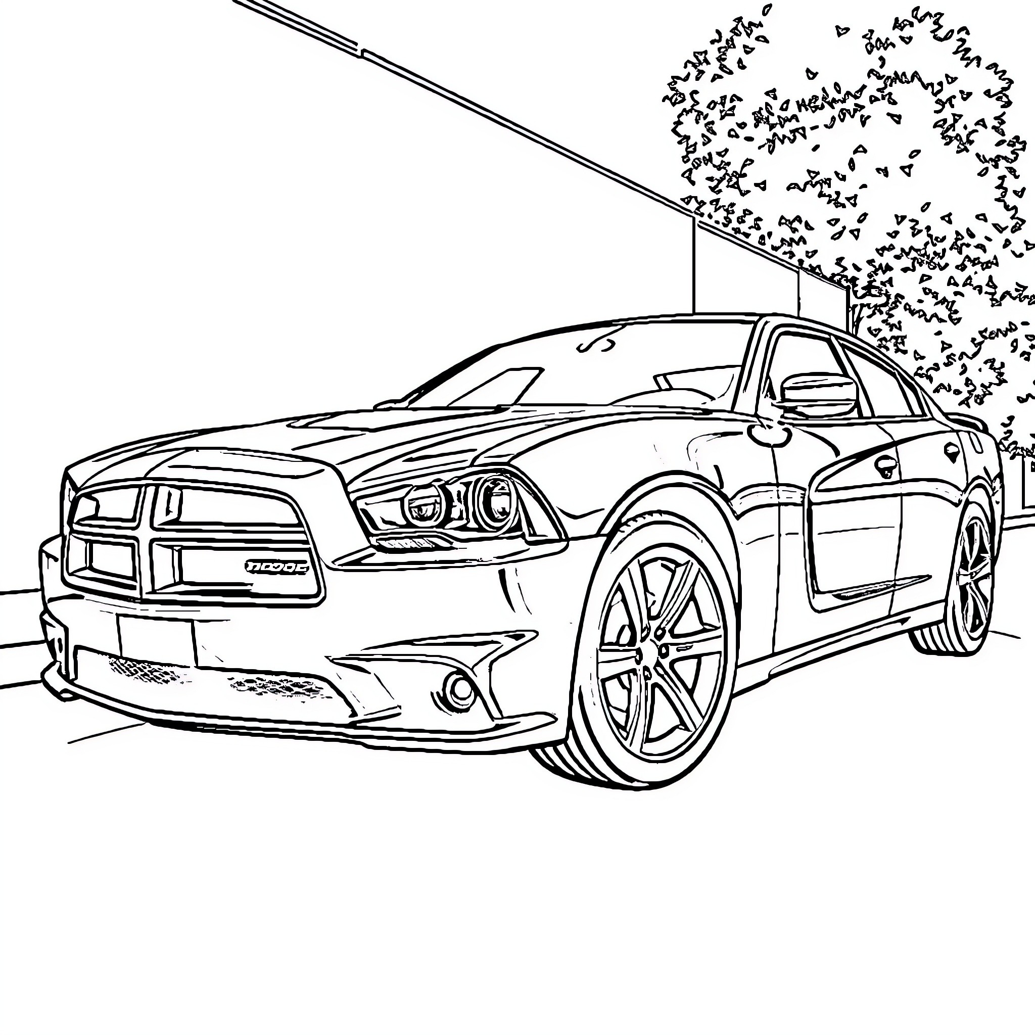 Dodge Charger speeding through the streets Coloring Page (free black-and-white line drawing printable PDF for all, from beginners to advanced learners, including children, teens, adults, and seniors)