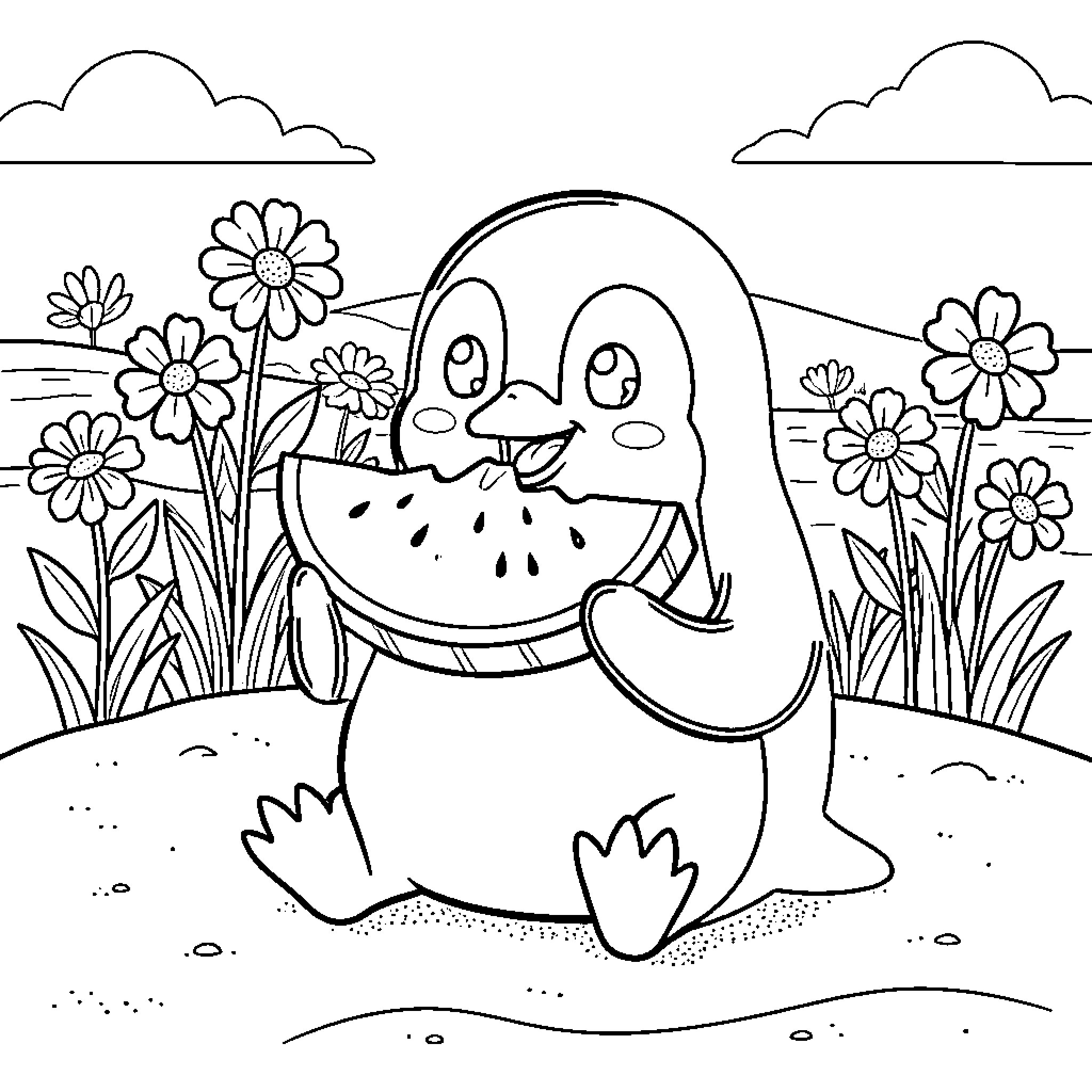 Penguin happily eating a large slice of watermelon Coloring Page (free black-and-white line drawing printable PDF for all, from beginners to advanced learners, including children, teens, adults, and seniors)