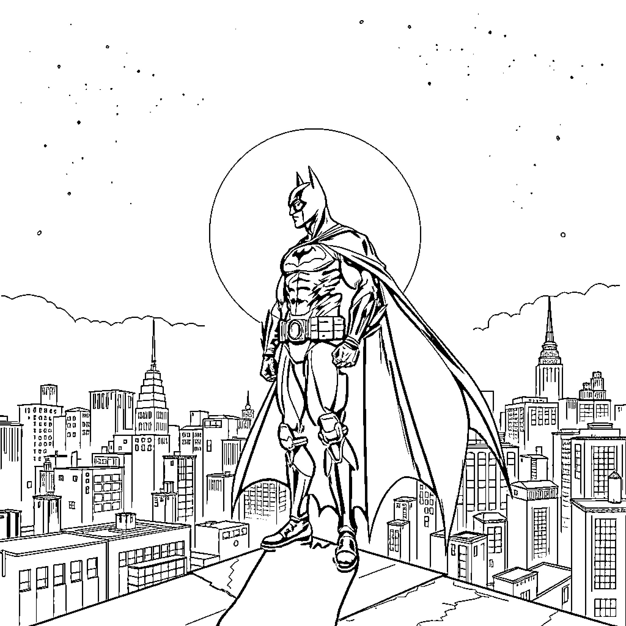 Batman standing tall over the city skyline Coloring Page (free black-and-white line drawing printable PDF for all, from beginners to advanced learners, including children, teens, adults, and seniors)