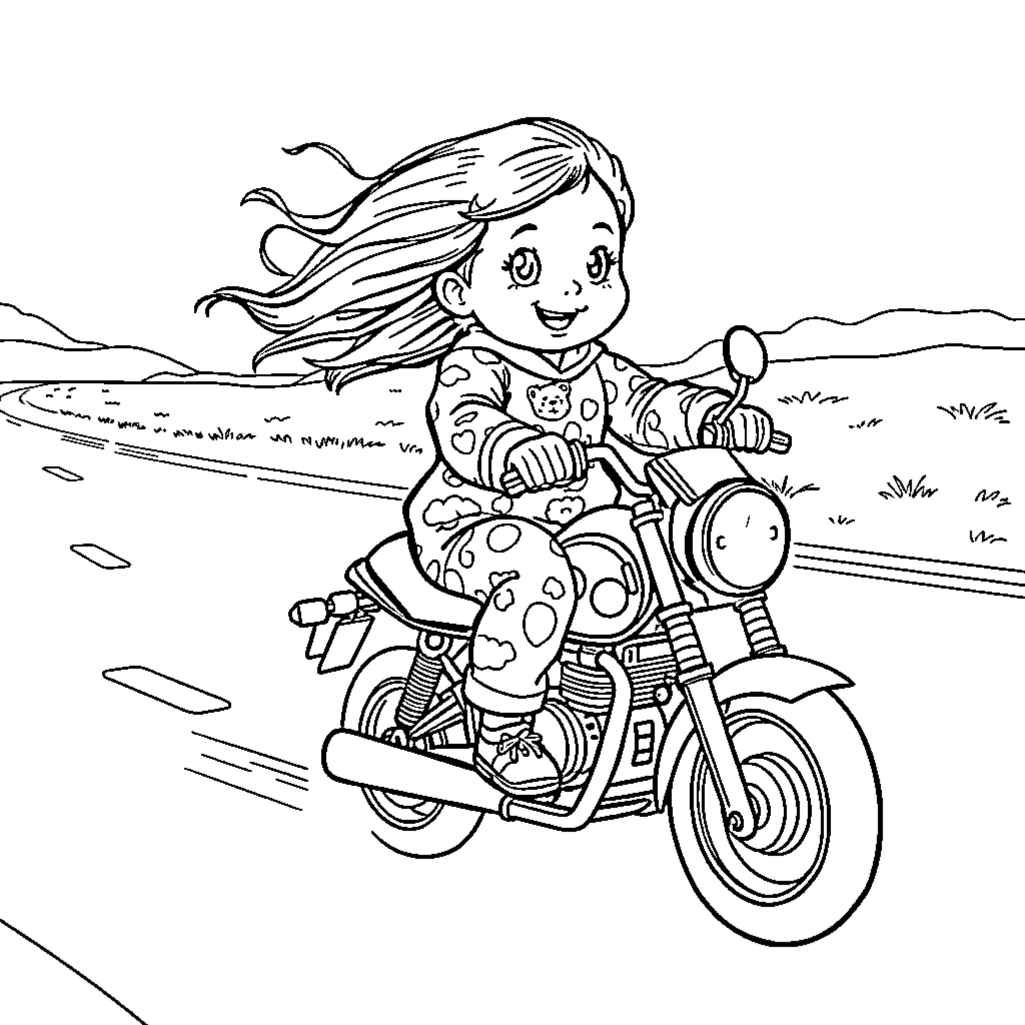 Girl riding motorcycle on countryside road Coloring Page (free black-and-white line drawing printable PDF for all, from beginners to advanced learners, including children, teens, adults, and seniors)
